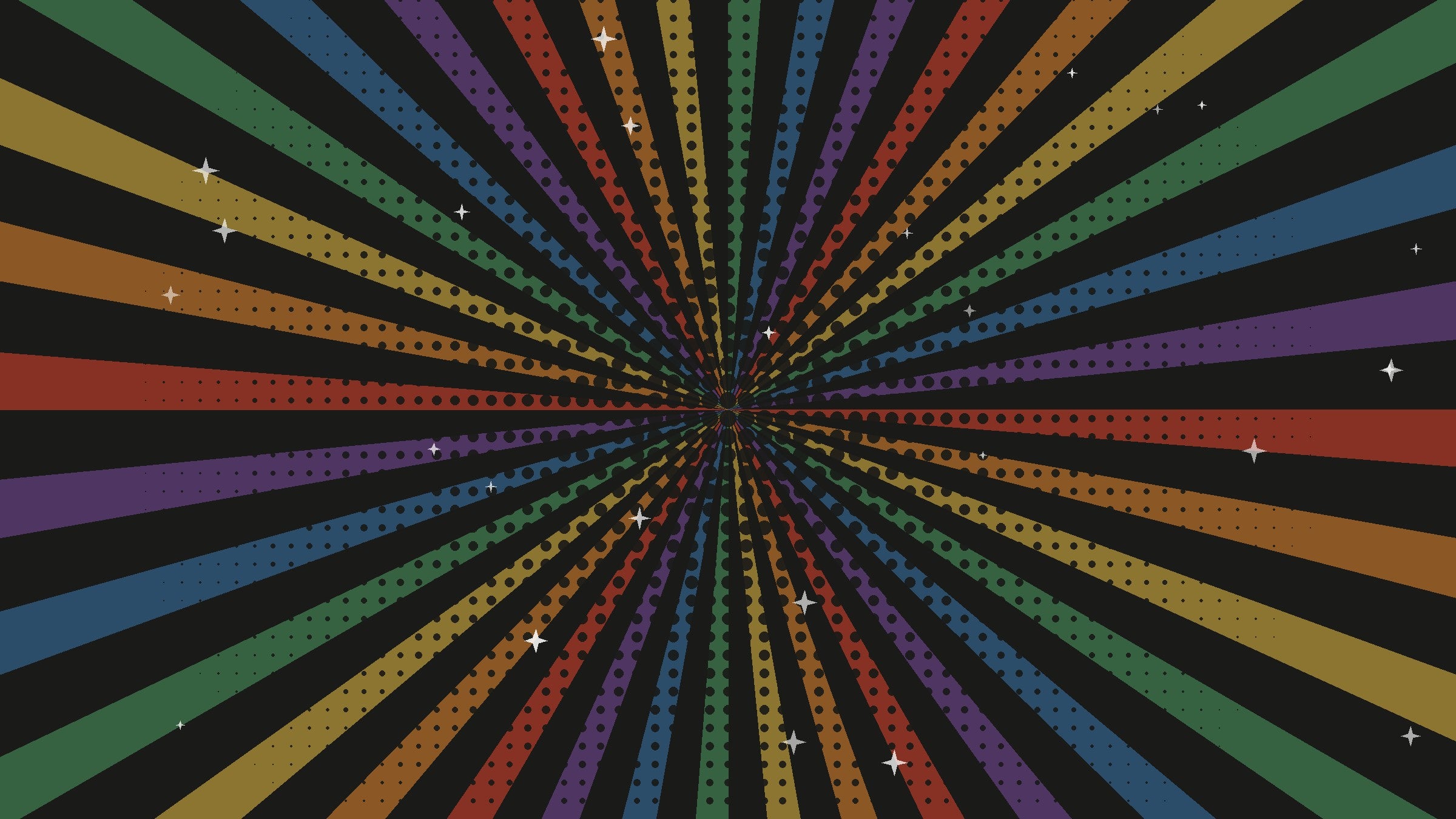 Muted rainbow halftone sunburst on ink — KWEEN! homepage hero background