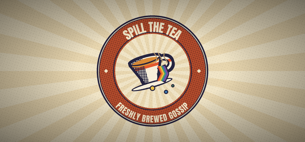 Spill the Tea vintage badge mug design — full wrap artwork