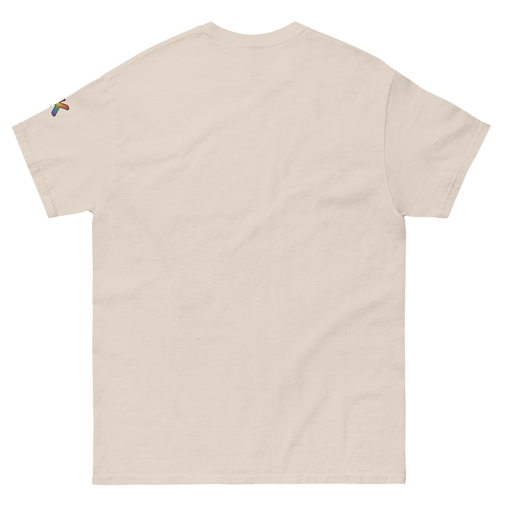non-binary pride t-shirt — Allergic to the Closet print, natural t-shirt back view