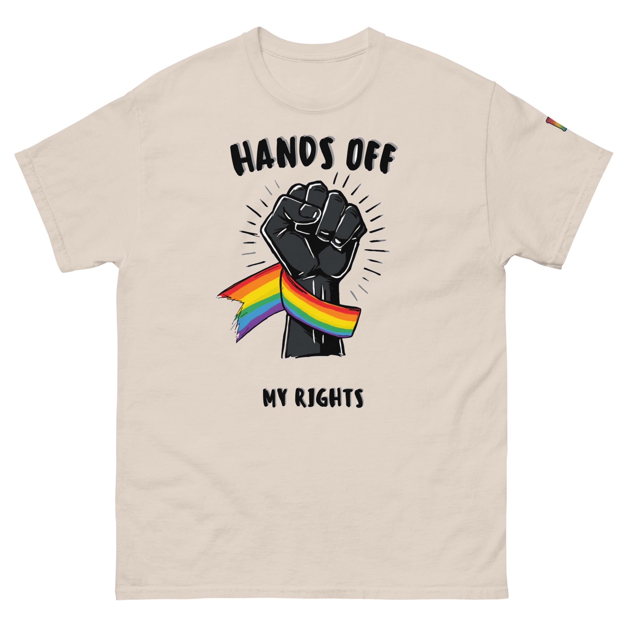 trans pride t-shirt — Hands Off My Rights print, natural t-shirt