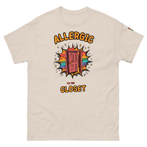 non-binary pride t-shirt — Allergic to the Closet print, natural t-shirt