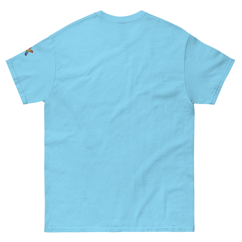 sassy pride t-shirt — Walking Red Flag print, sky blue t-shirt back view