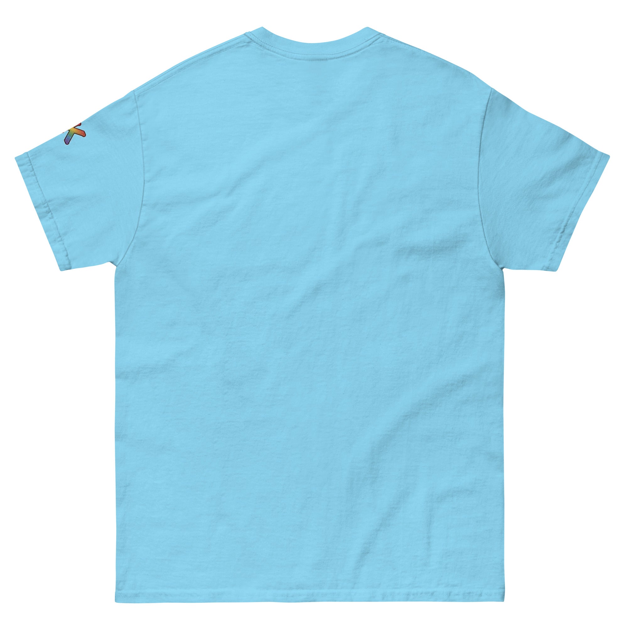 sassy pride t-shirt — Walking Red Flag print, sky blue t-shirt back view