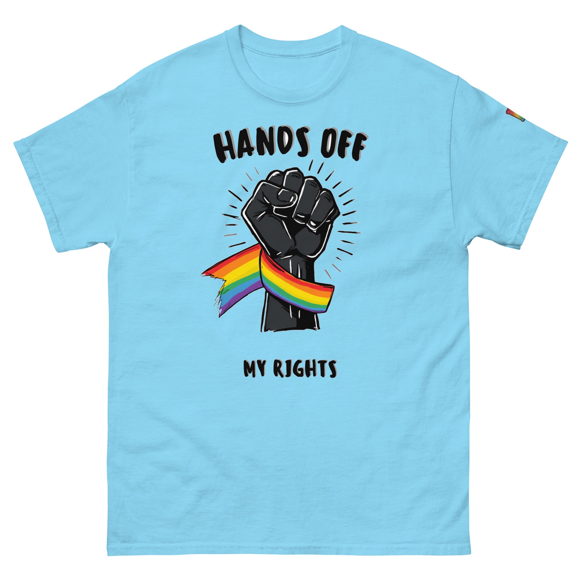 trans pride t-shirt — Hands Off My Rights print, sky blue t-shirt