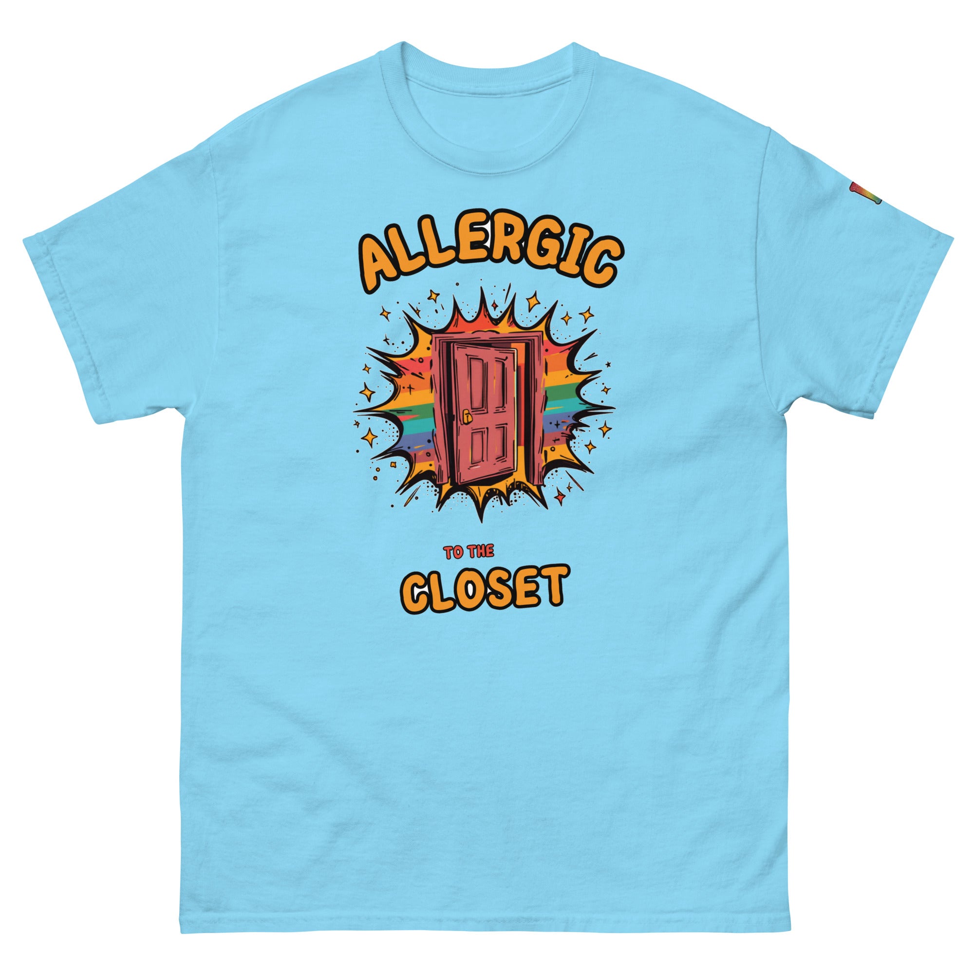 non-binary pride t-shirt — Allergic to the Closet print, sky blue t-shirt