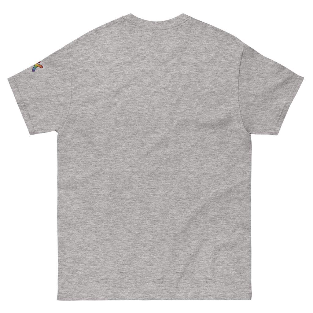non-binary pride t-shirt — Allergic to the Closet print, sport grey t-shirt back view
