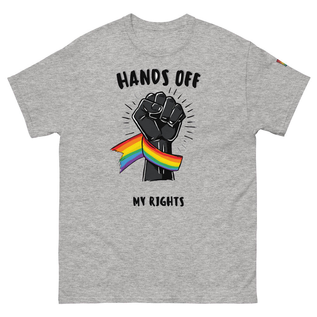 trans pride t-shirt — Hands Off My Rights print, sport grey t-shirt