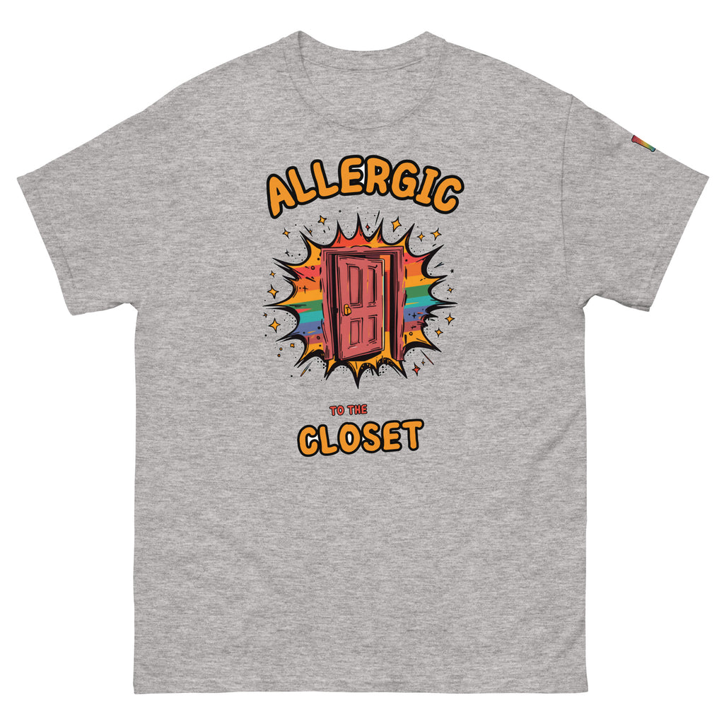 non-binary pride t-shirt — Allergic to the Closet print, sport grey t-shirt