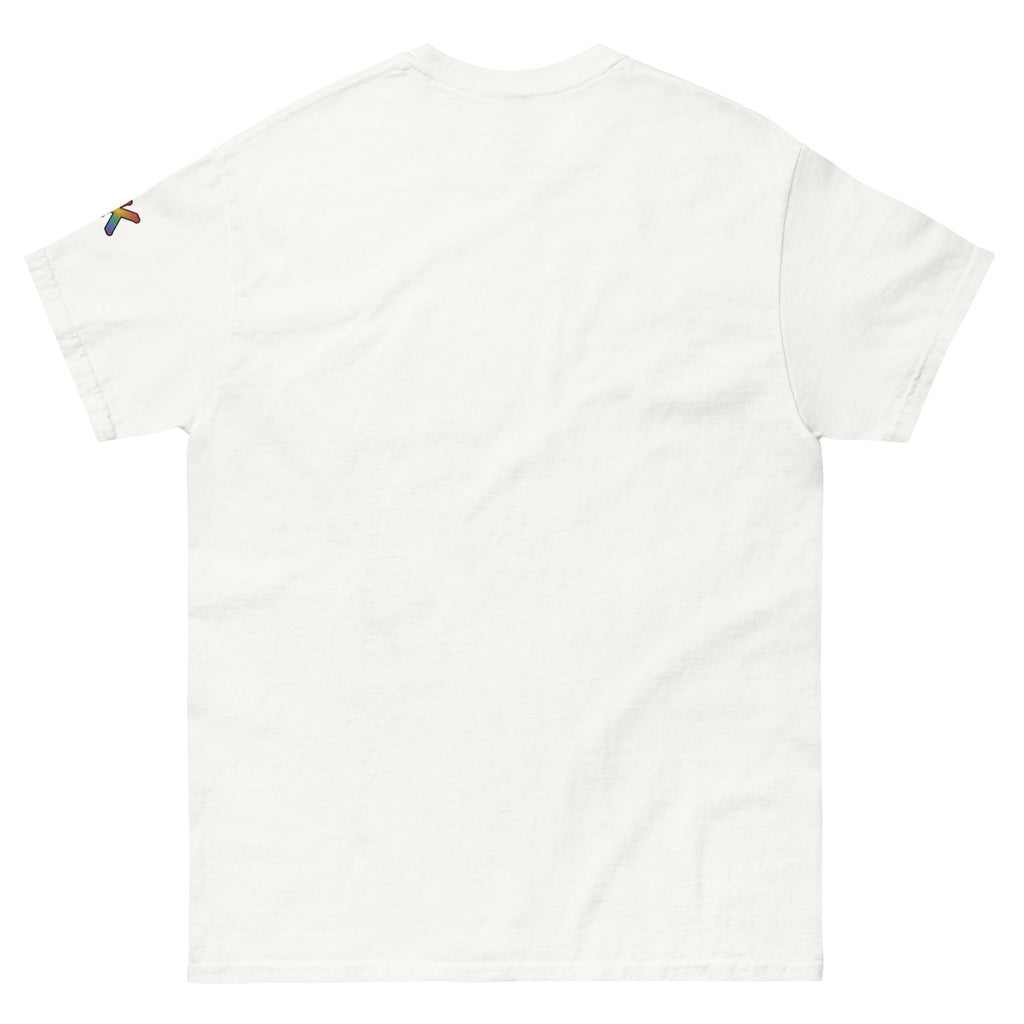non-binary pride t-shirt — Allergic to the Closet print, white t-shirt back view