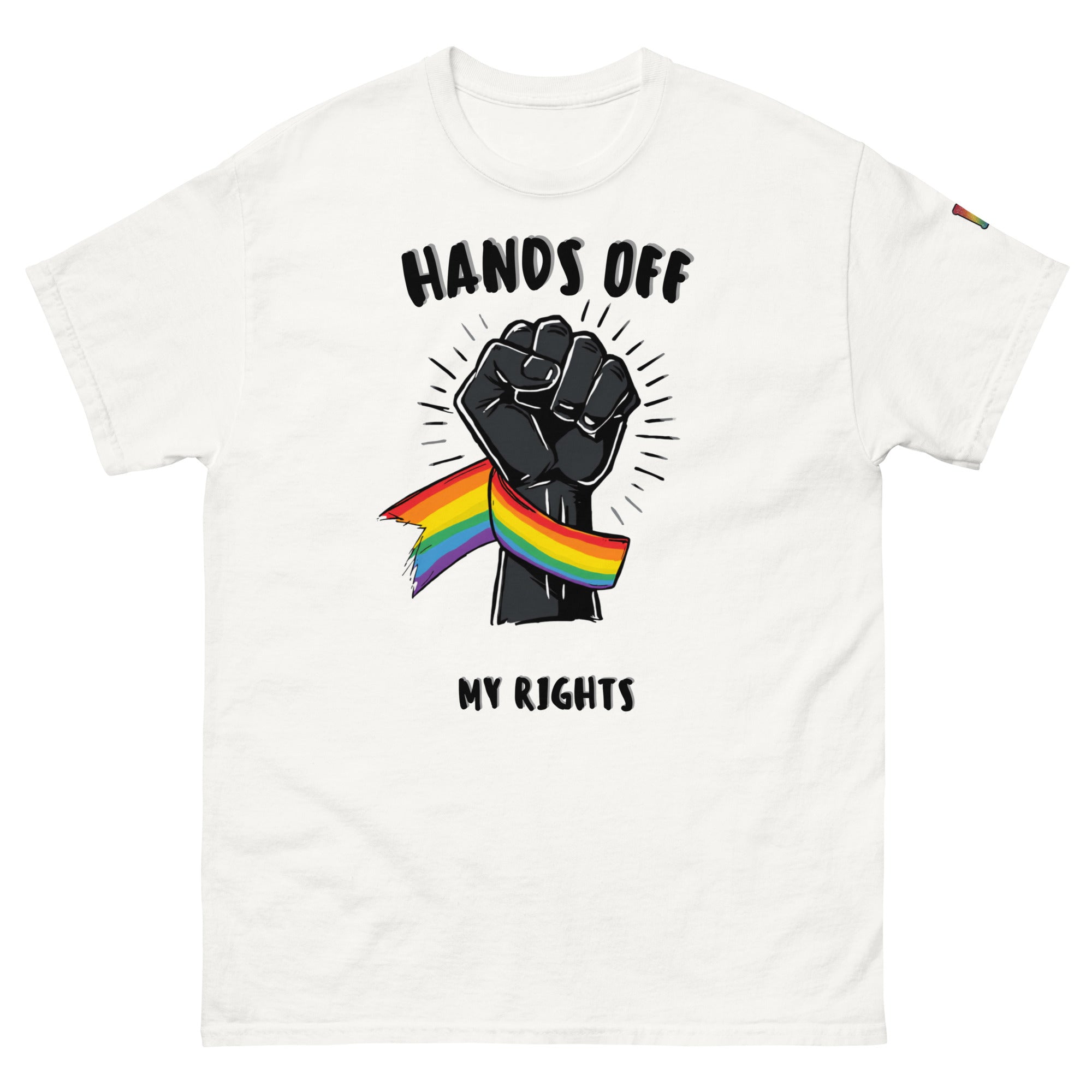 trans pride t-shirt — Hands Off My Rights print, white t-shirt
