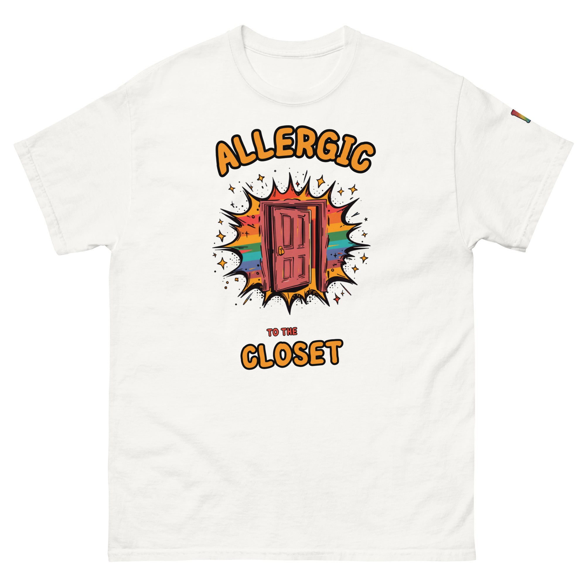non-binary pride t-shirt — Allergic to the Closet print, white t-shirt
