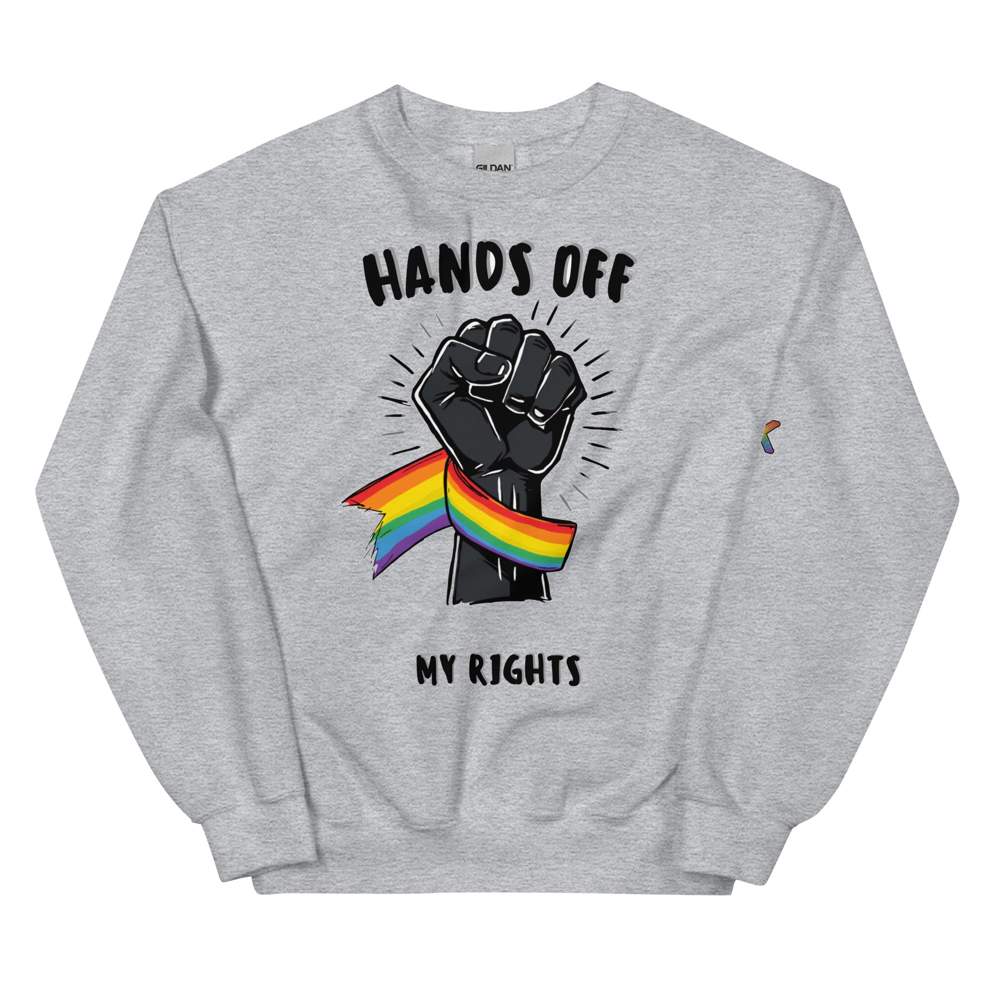 LGBTQ+ protest pride sweatshirt — Hands Off My Rights design, sport grey sweatshirt front view