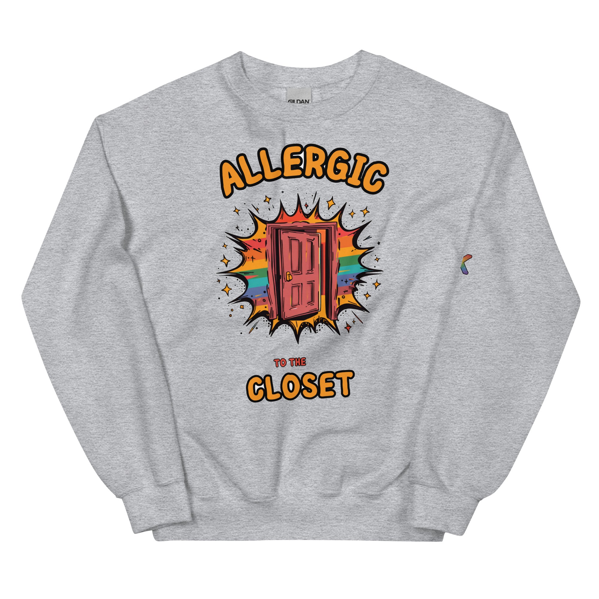 LGBTQ+ coming-out pride sweatshirt — Allergic to the Closet design, sport grey sweatshirt front view