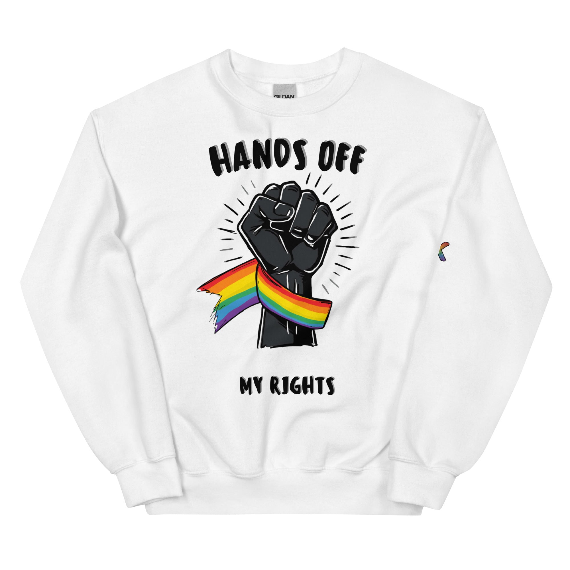 LGBTQ+ protest pride sweatshirt — Hands Off My Rights design, white sweatshirt front view