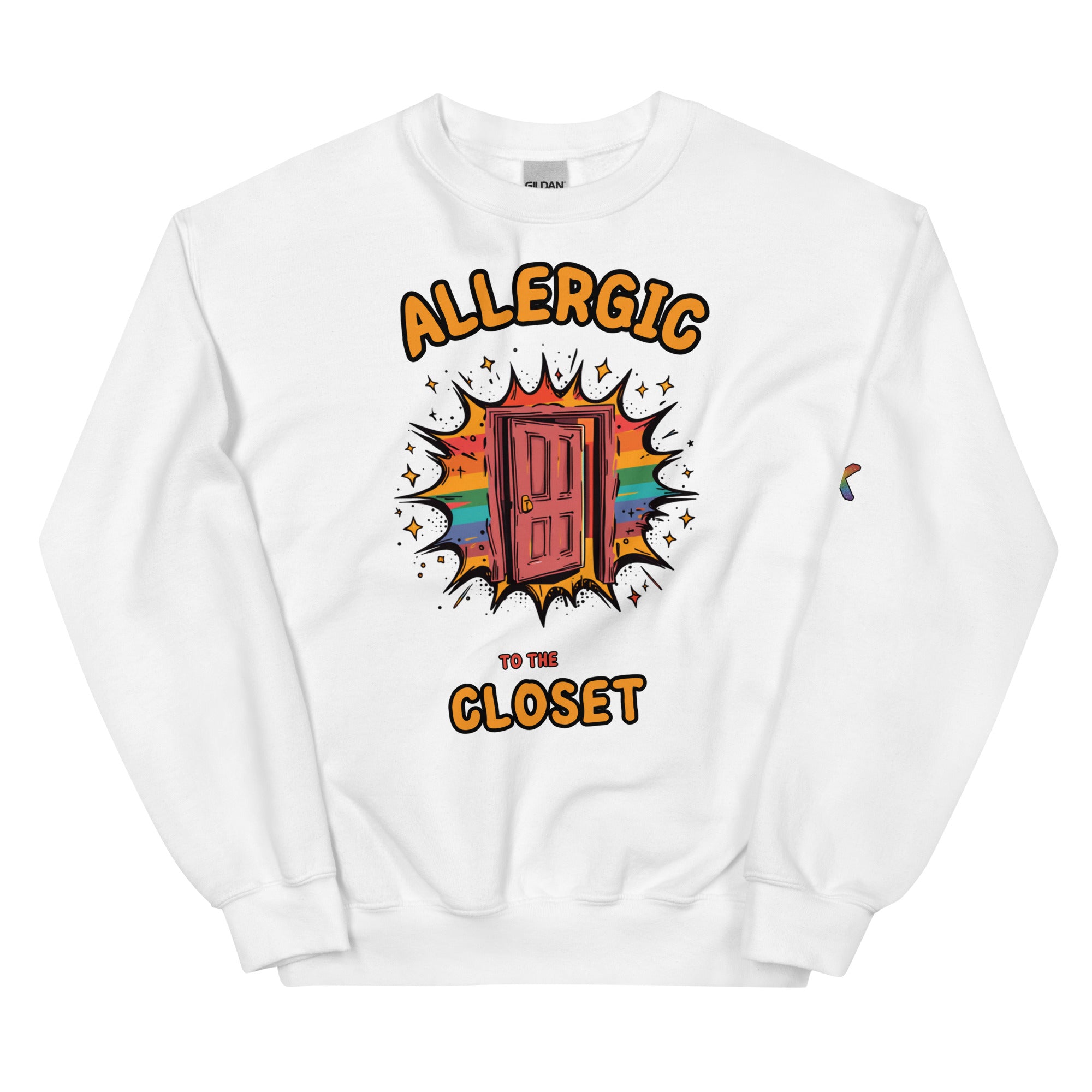 LGBTQ+ coming-out pride sweatshirt — Allergic to the Closet design, white sweatshirt front view