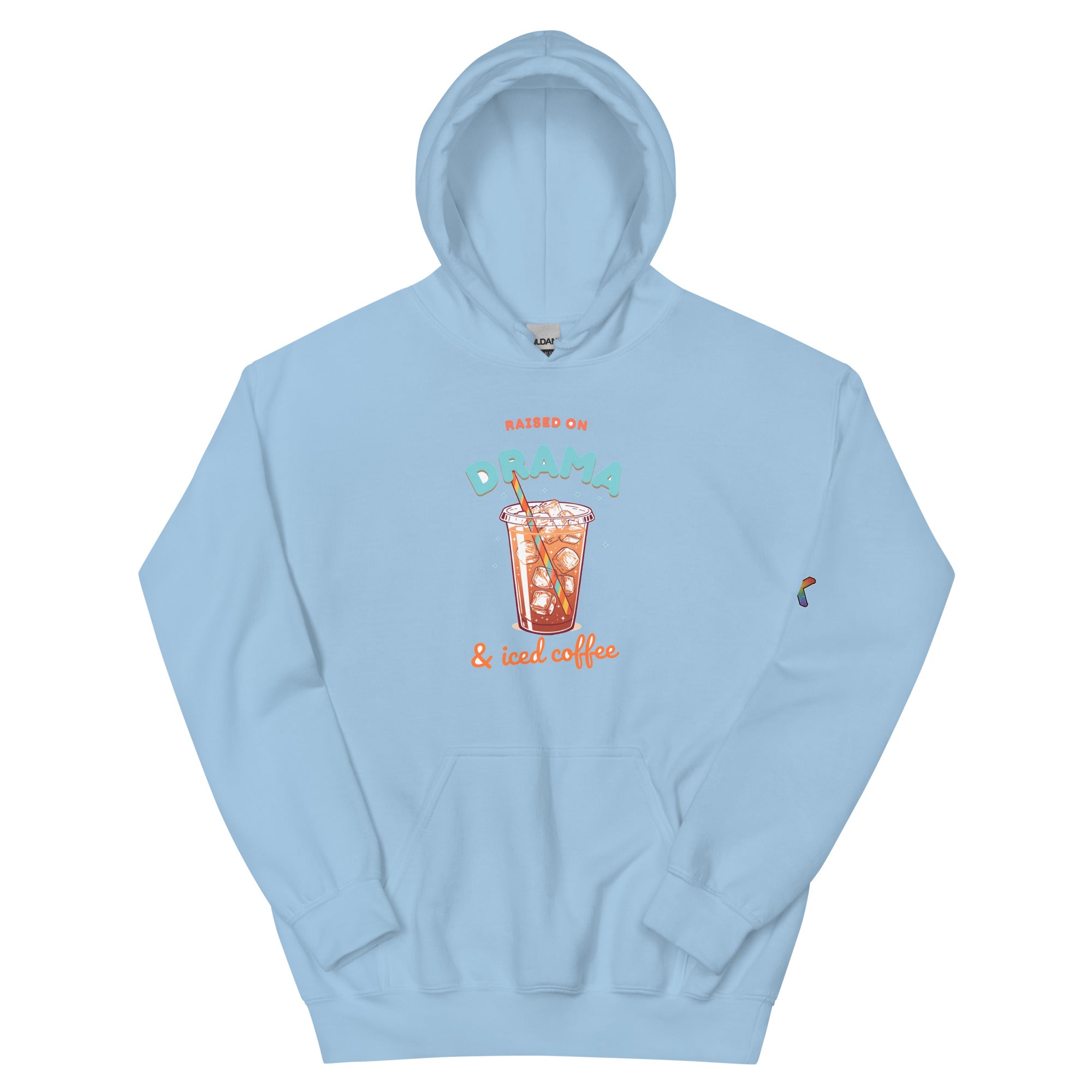LGBTQ+ pride hoodie — Raised on Drama design, light blue hoodie front view