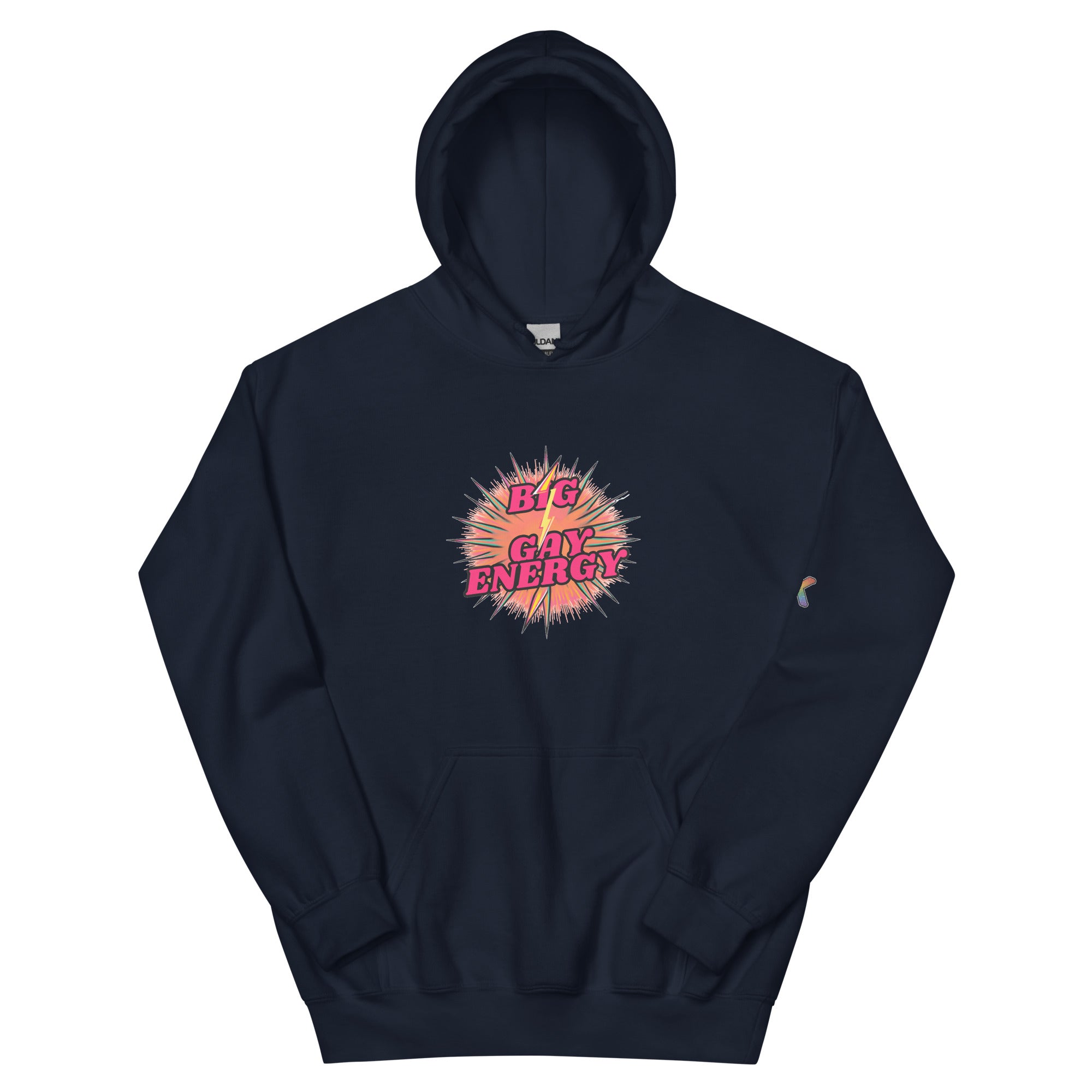 gay pride hoodie — Big Gay Energy design, navy hoodie front view