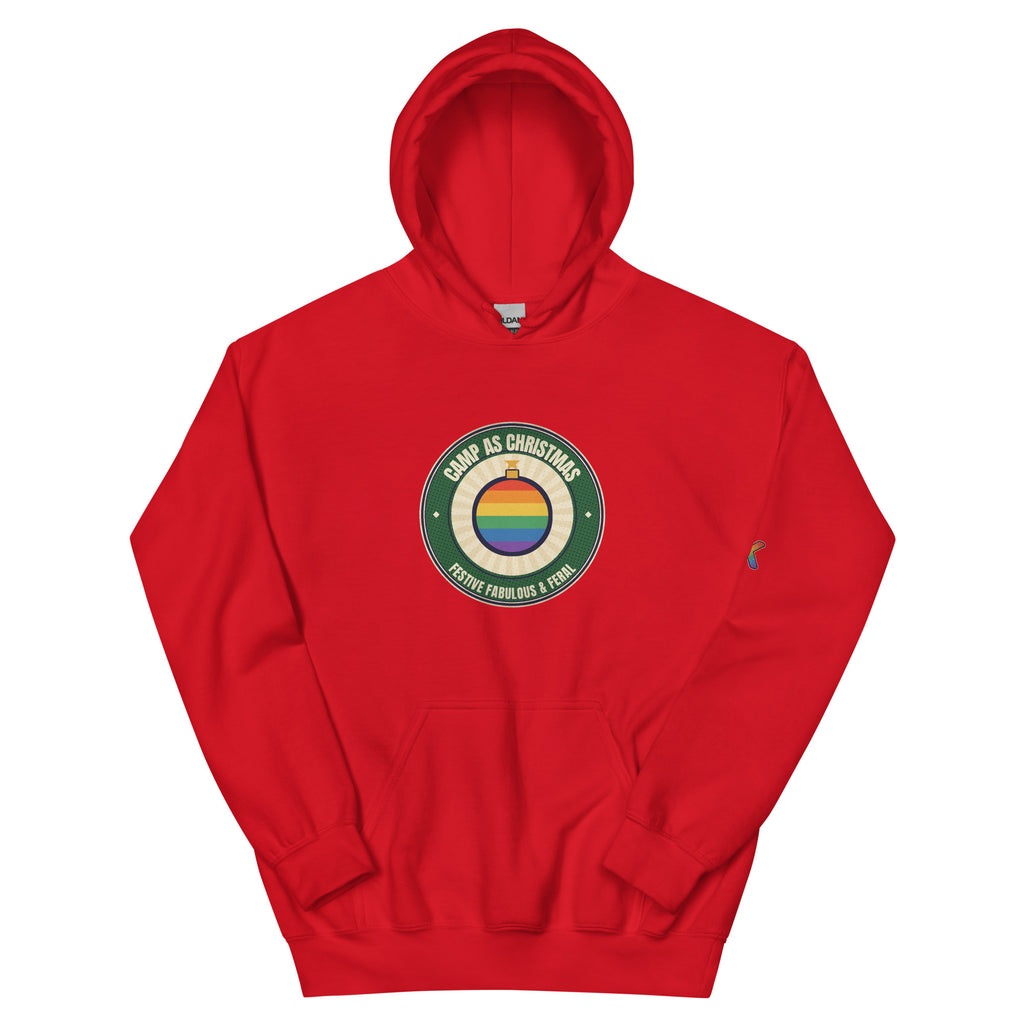 Camp as Christmas rainbow bauble badge hoodie — festive LGBTQ+ hoodie by KWEEN!