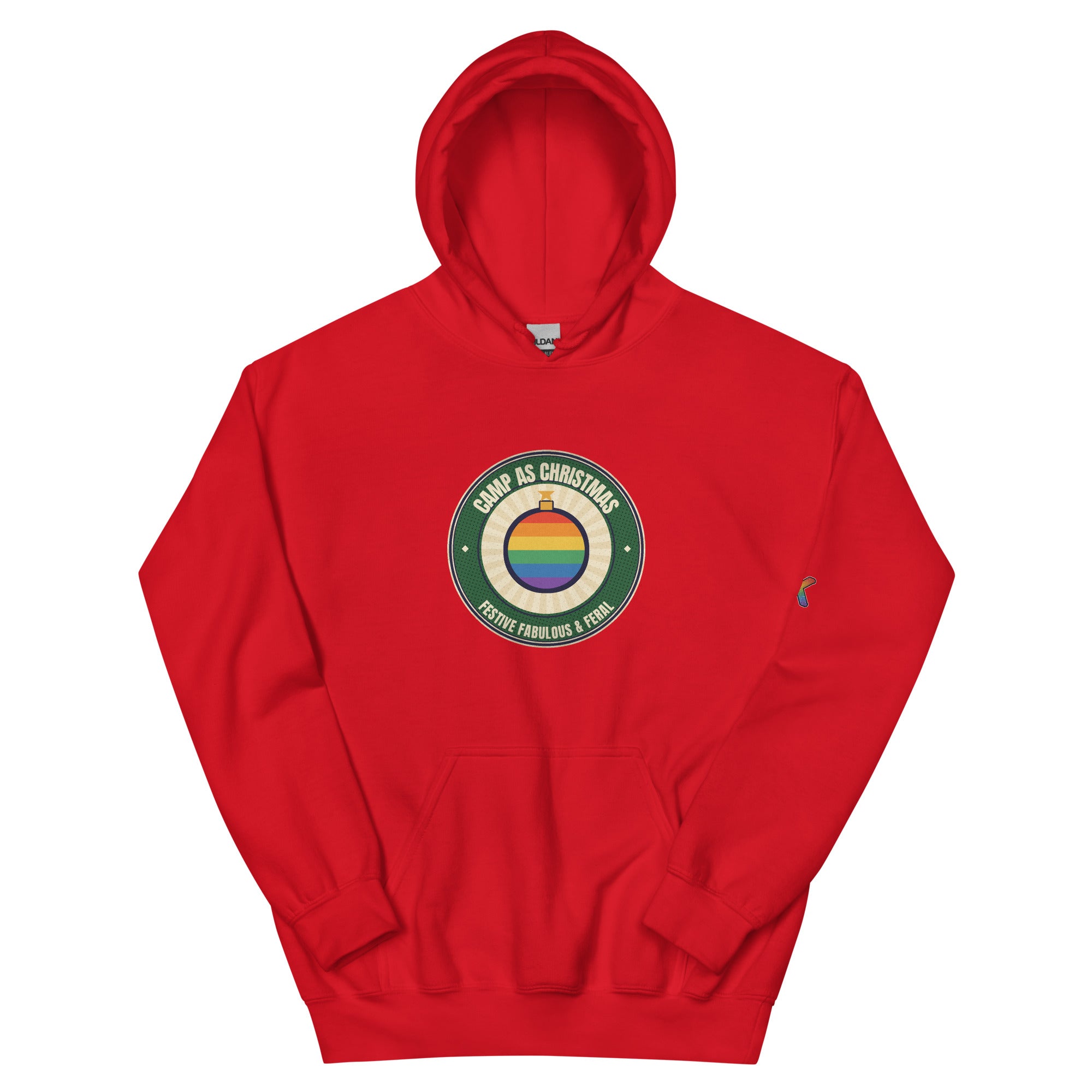 Camp as Christmas rainbow bauble badge hoodie — festive LGBTQ+ hoodie by KWEEN!