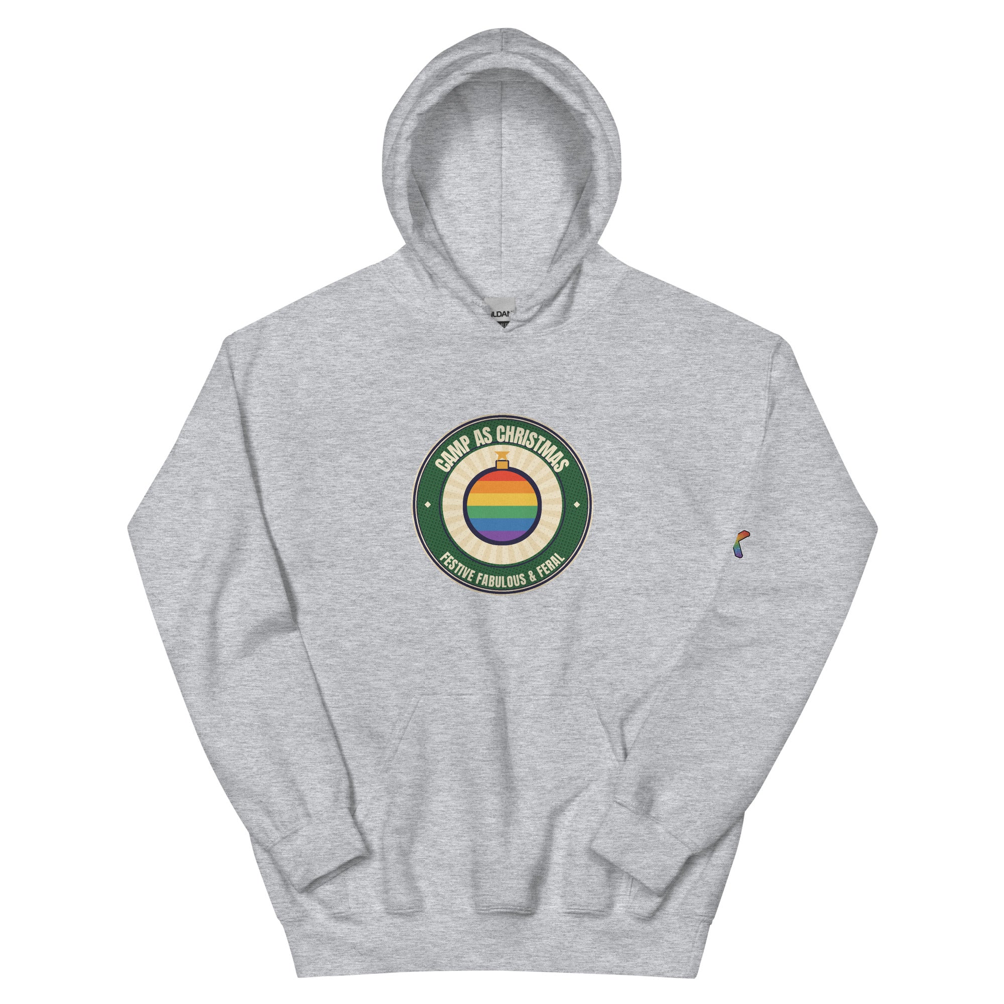 LGBTQ+ Christmas pride hoodie — Camp as Christmas design, sport grey hoodie front view