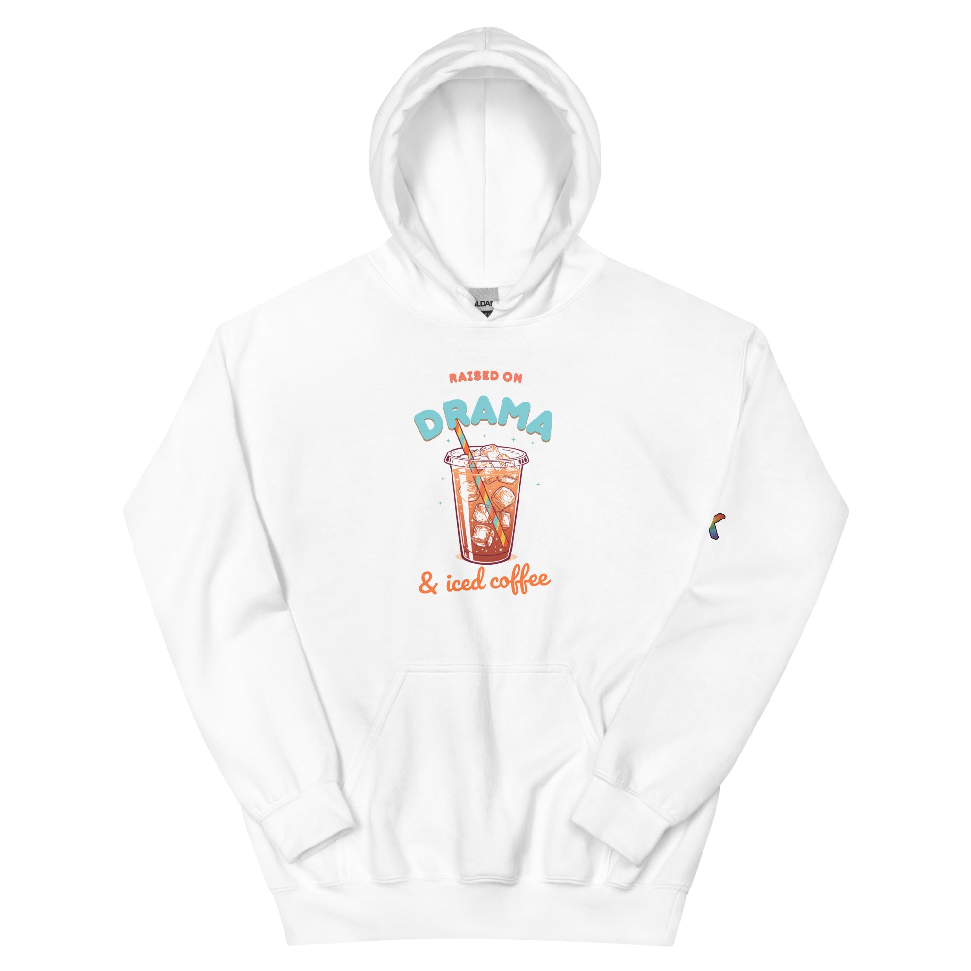 LGBTQ+ pride hoodie — Raised on Drama design, white hoodie front view