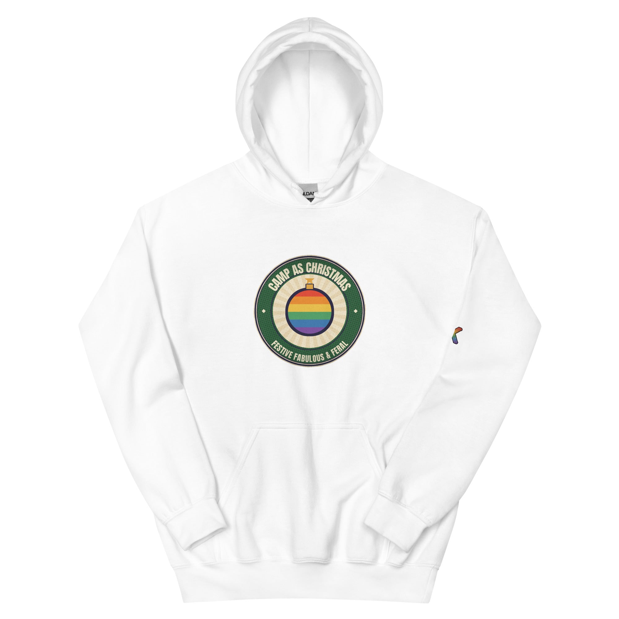 LGBTQ+ Christmas pride hoodie — Camp as Christmas design, white hoodie front view