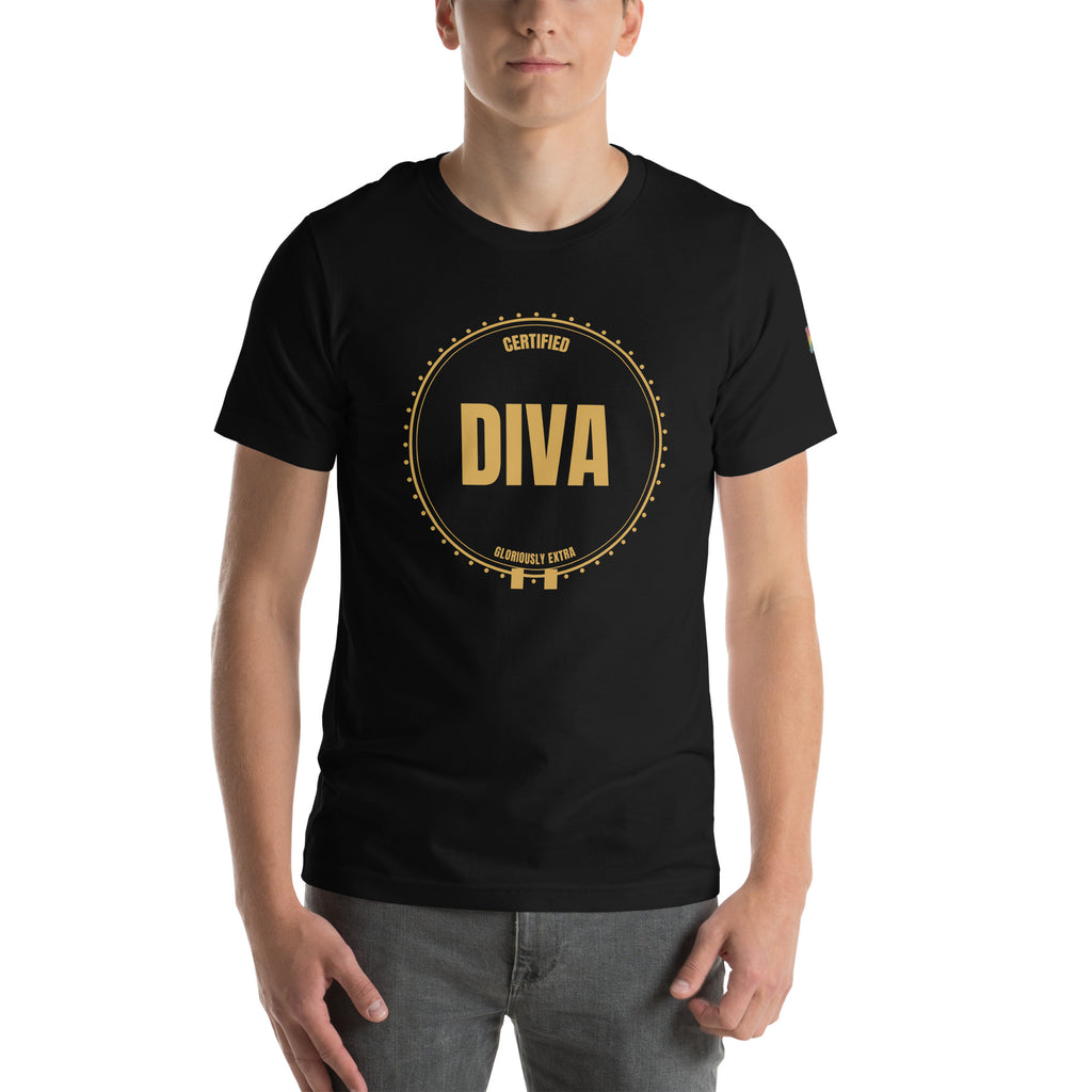 drag pride t-shirt — Certified Diva print, black t-shirt