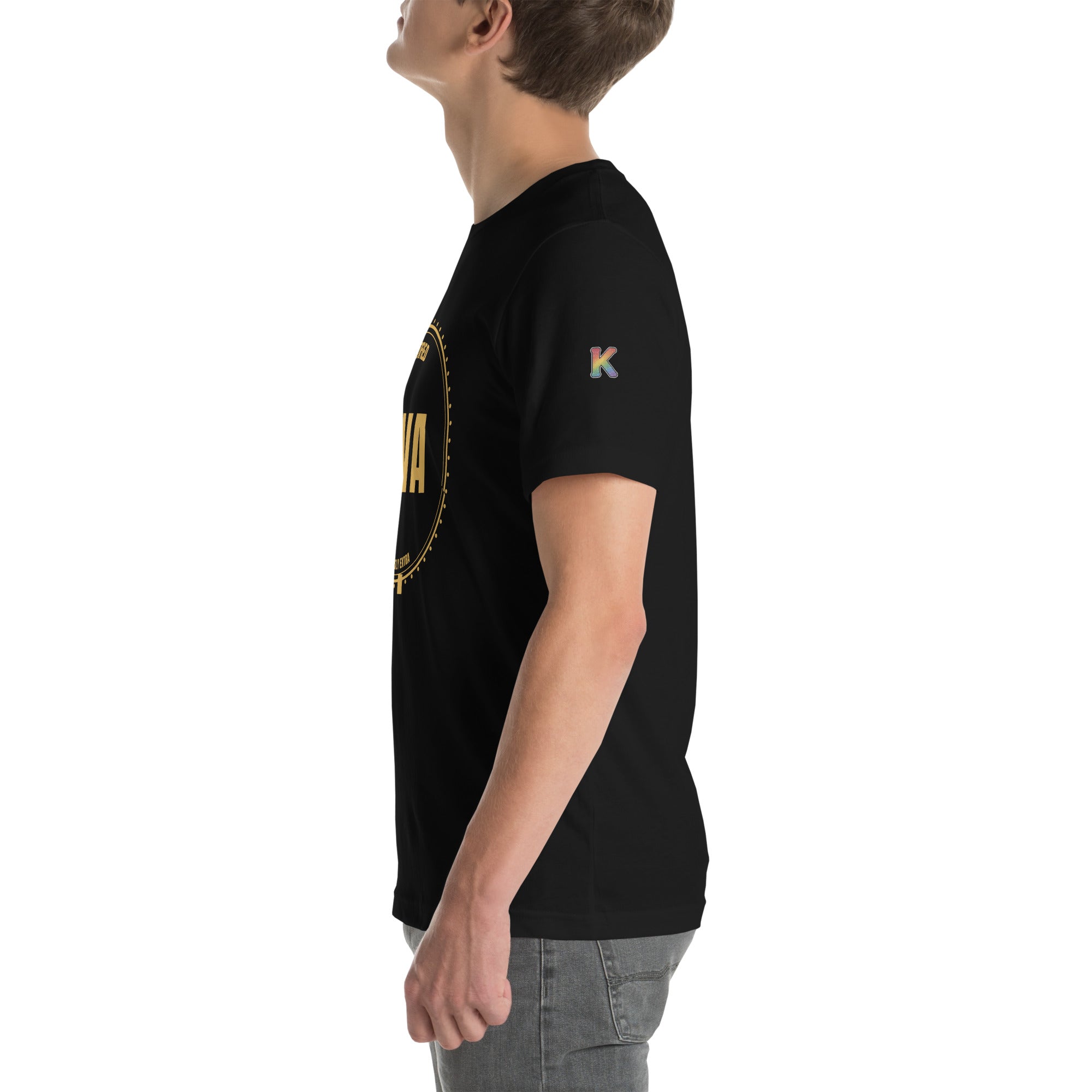 rainbow KWEEN K logo on left sleeve of black t-shirt — Certified Diva, side view