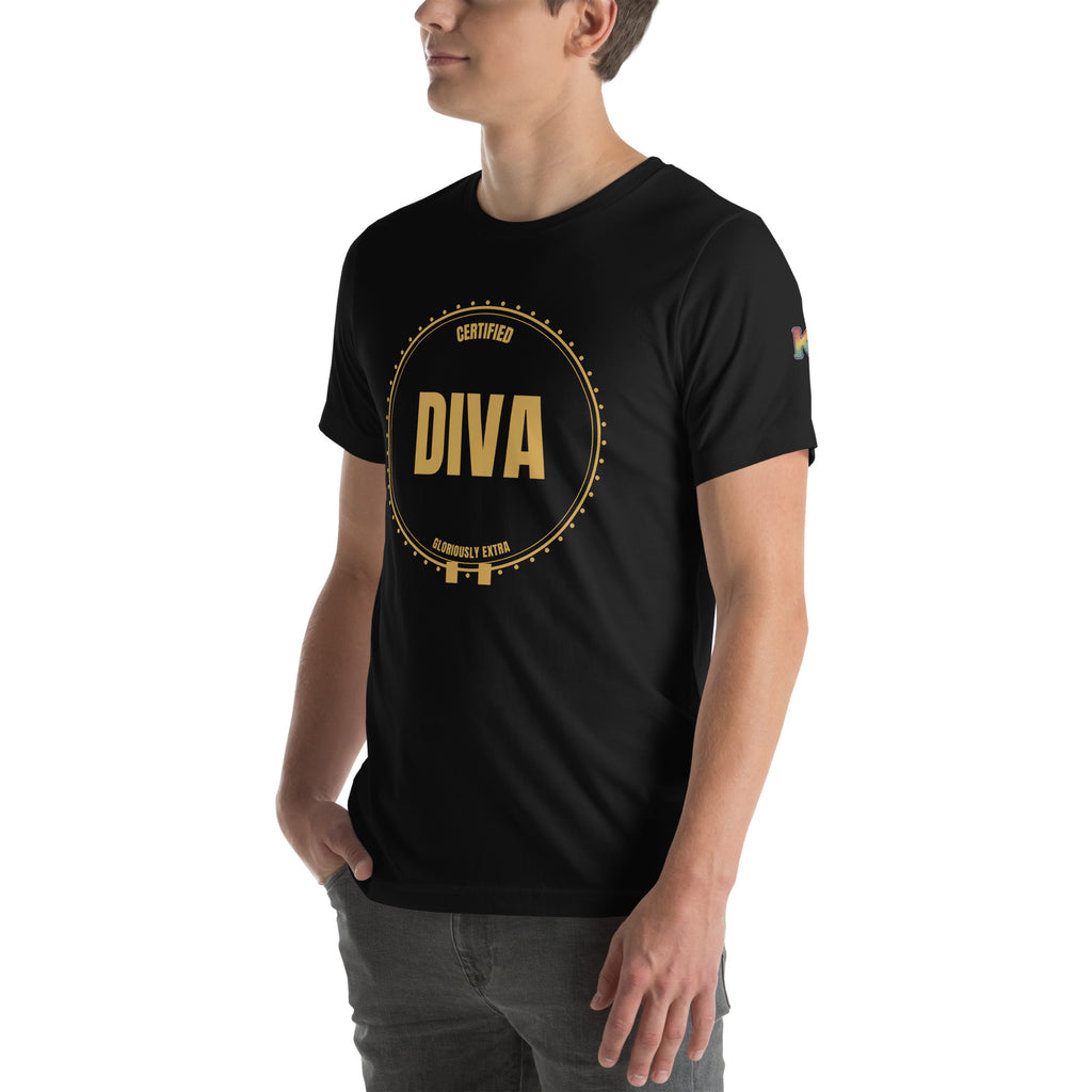 rainbow KWEEN K logo on left sleeve of black t-shirt — Certified Diva, 3/4 front view