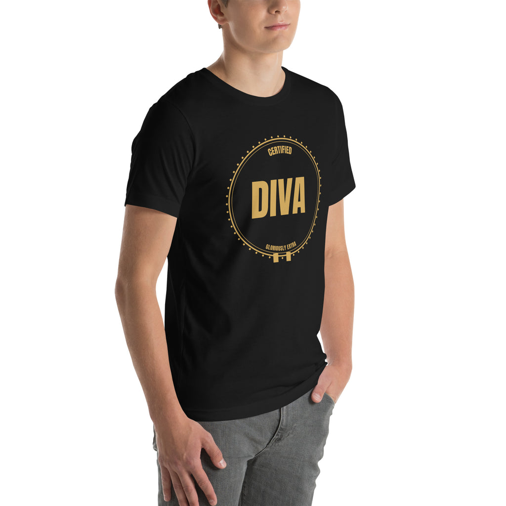 drag pride t-shirt — Certified Diva print, black t-shirt right 3/4 view