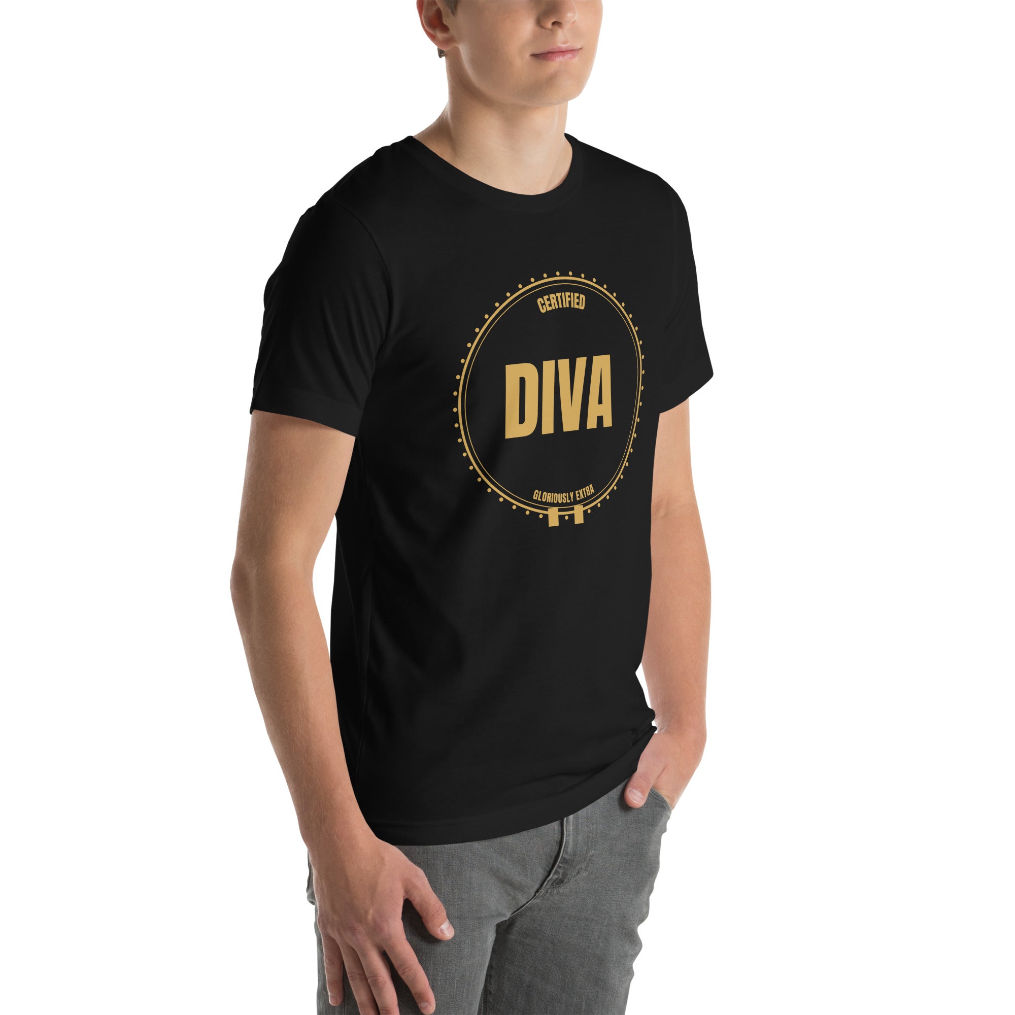 drag pride t-shirt — Certified Diva print, black t-shirt right 3/4 view