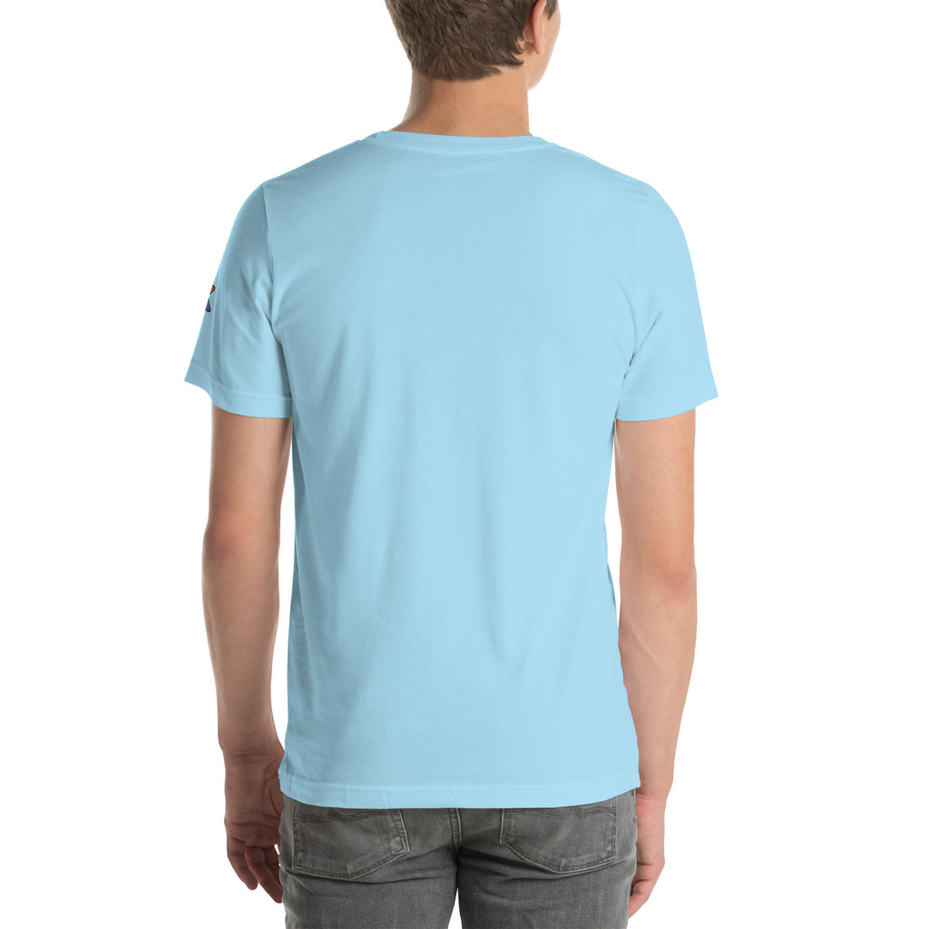 lesbian pride t-shirt — Butch, Please! print, ocean blue t-shirt back view