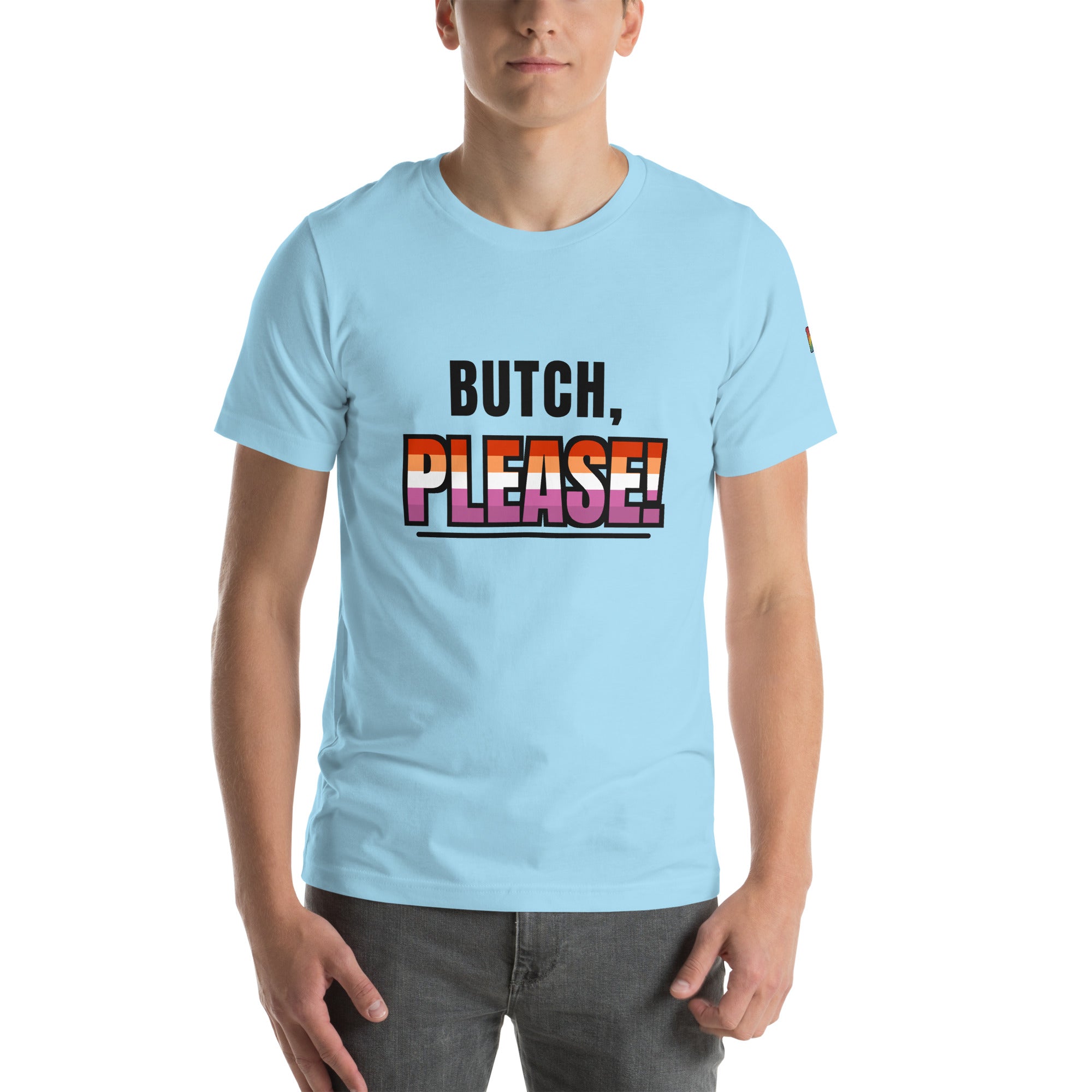 lesbian pride t-shirt — Butch, Please! print, ocean blue t-shirt