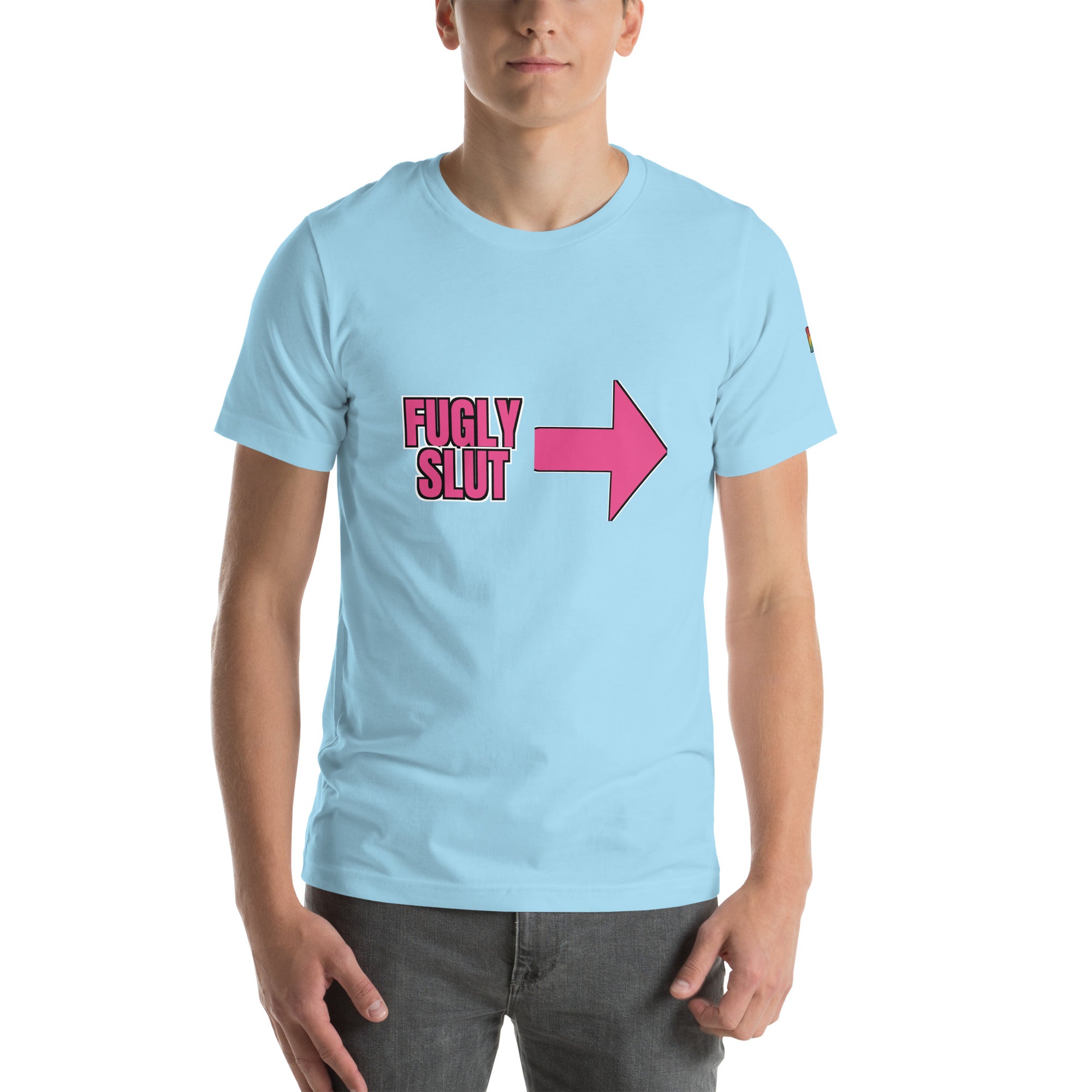 sassy pride t-shirt — Fugly Sl*t Arrow Right print, ocean blue t-shirt