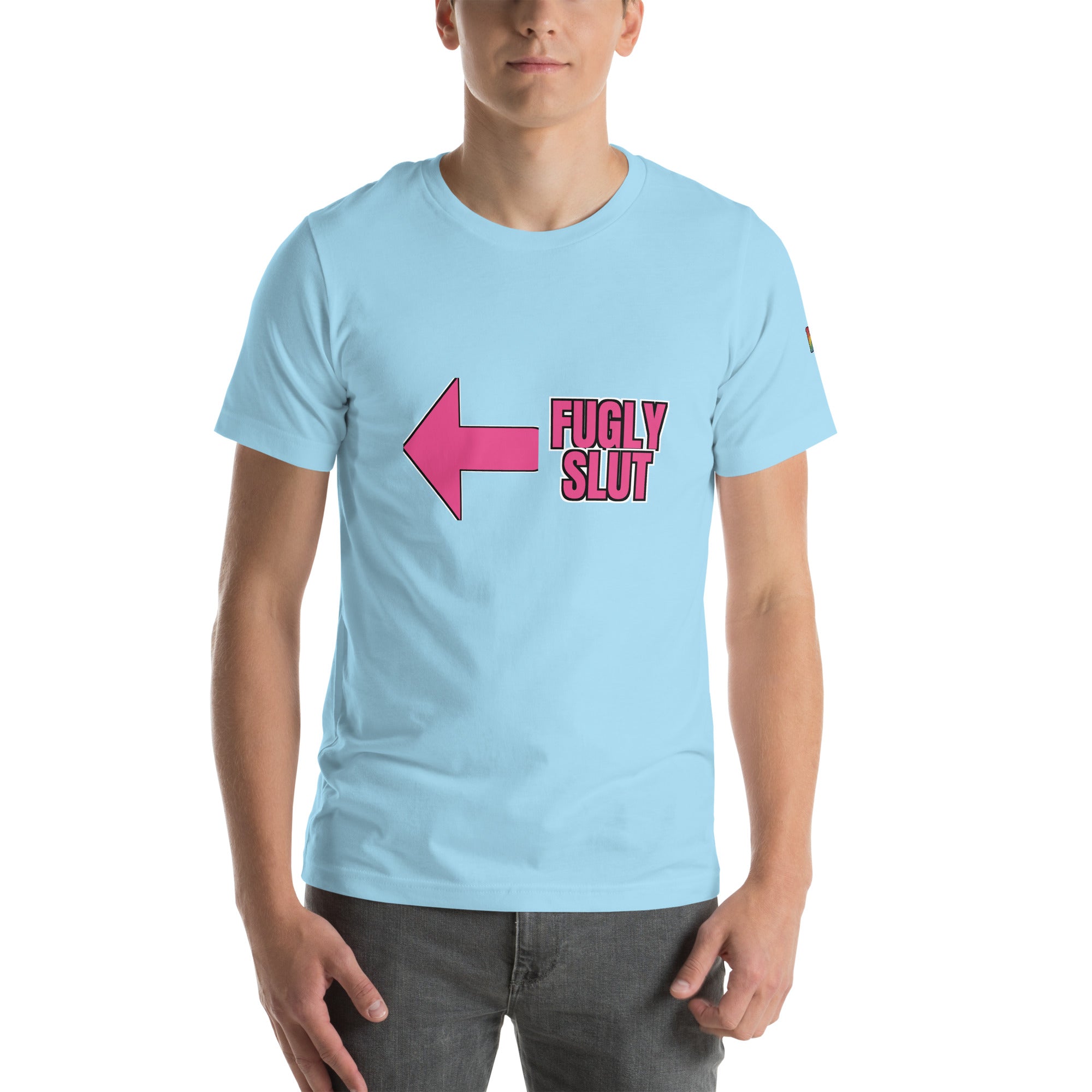 sassy pride t-shirt — Fugly Sl*t Arrow Left print, ocean blue t-shirt