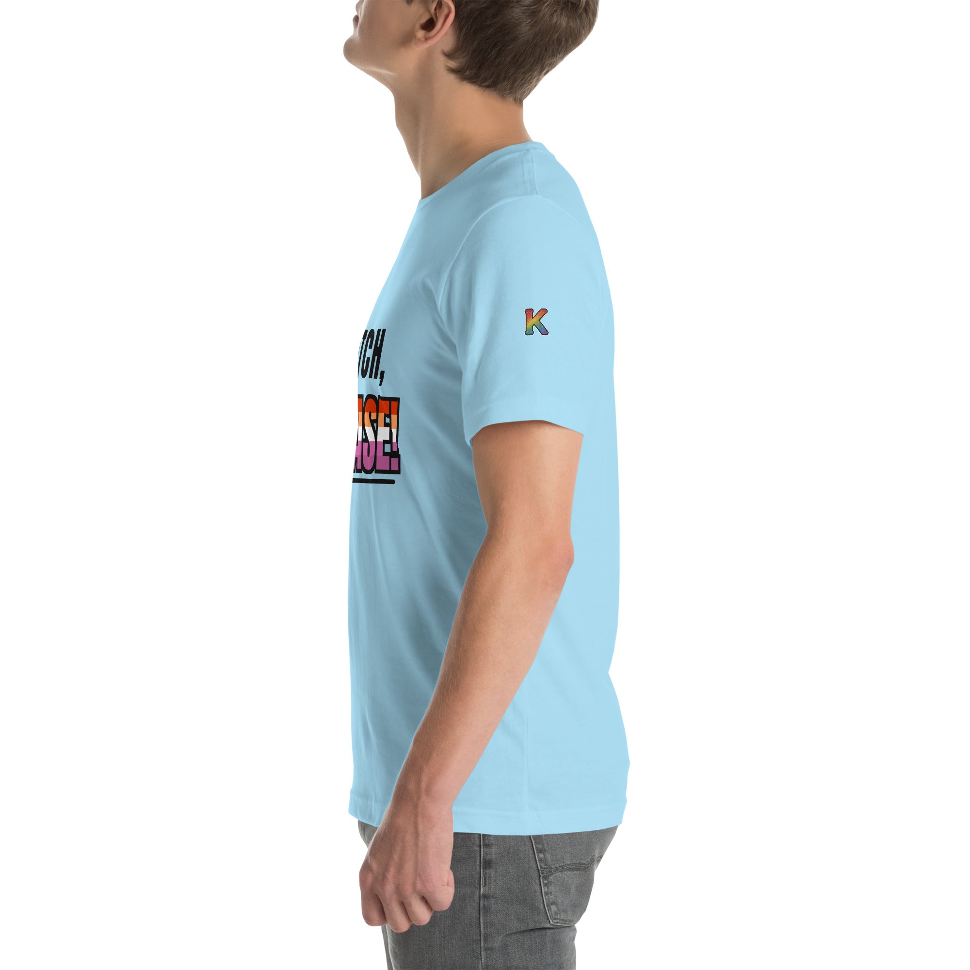 rainbow KWEEN K logo on left sleeve of ocean blue t-shirt — Butch, Please!, side view