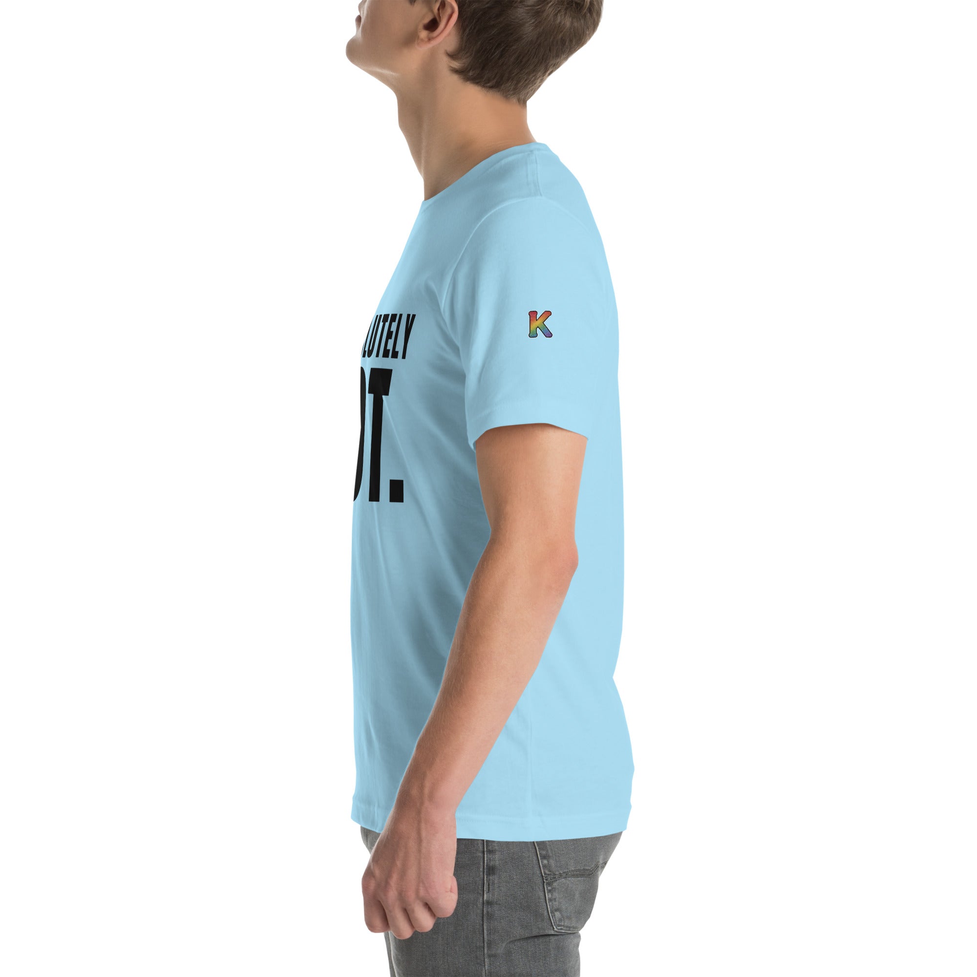 rainbow KWEEN K logo on left sleeve of ocean blue t-shirt — Absolutely Not., side view