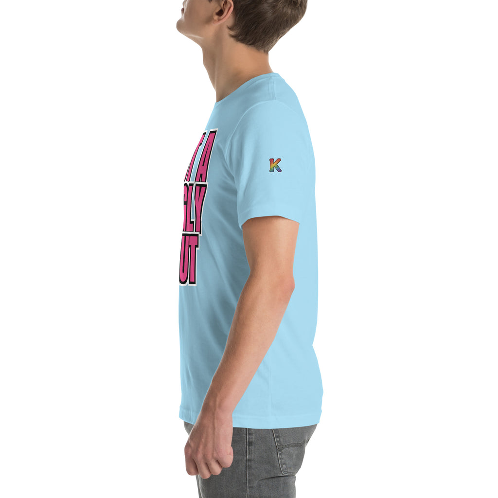 rainbow KWEEN K logo on left sleeve of ocean blue t-shirt — Not a Fugly Sl*t, side view