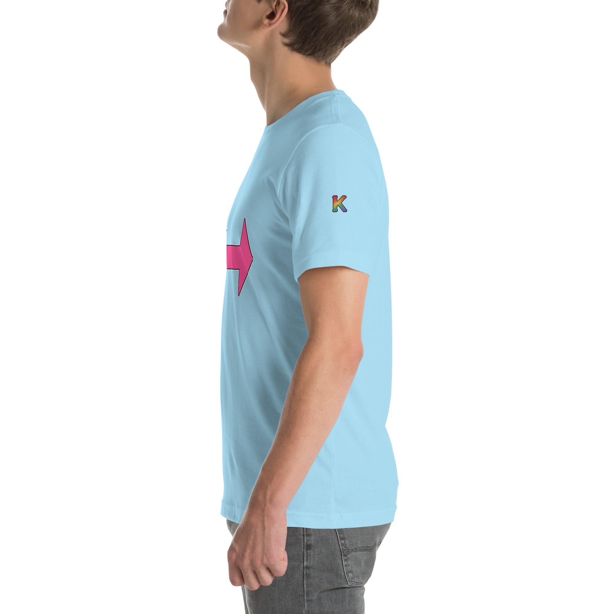 rainbow KWEEN K logo on left sleeve of ocean blue t-shirt — Fugly Sl*t Arrow Right, side view