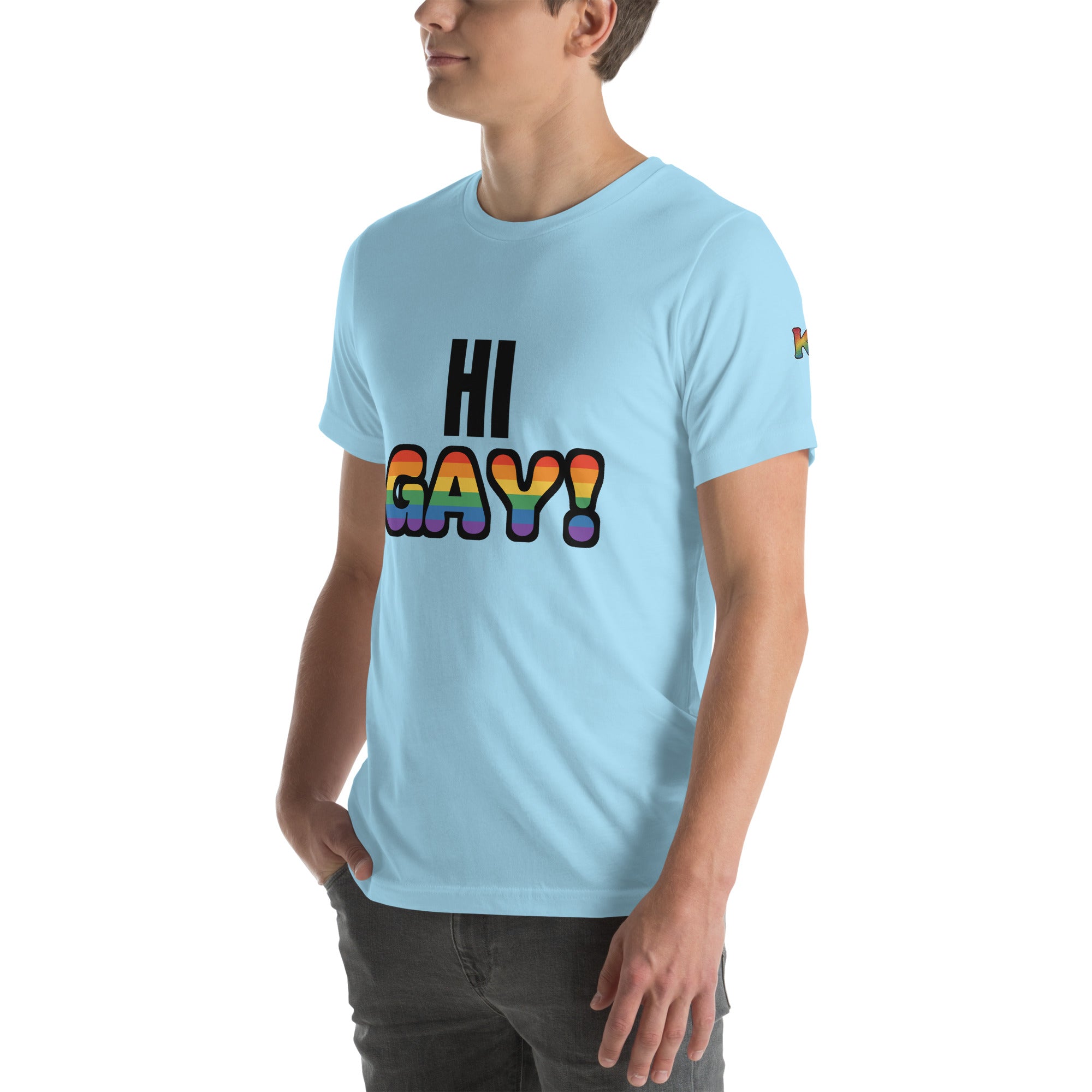 rainbow KWEEN K logo on left sleeve of ocean blue t-shirt — Hi Gay!, 3/4 front view