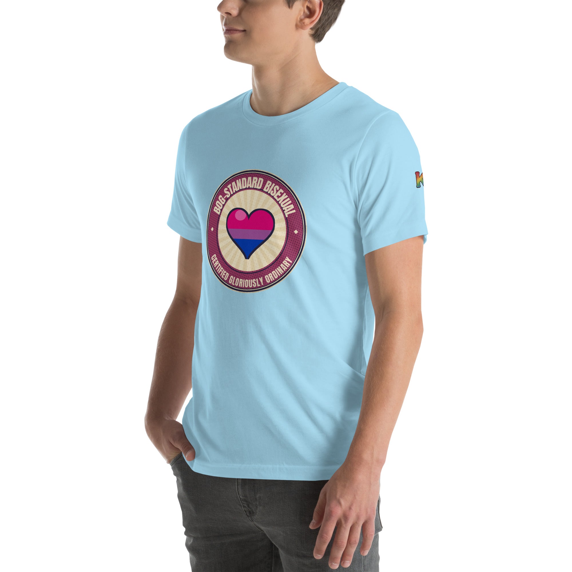 bisexual pride t-shirt — Bog-Standard Bisexual badge design, ocean blue tee left-front angled view (sleeve K visible)