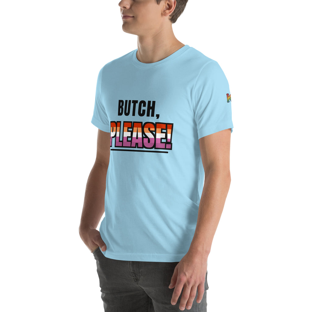 rainbow KWEEN K logo on left sleeve of ocean blue t-shirt — Butch, Please!, 3/4 front view