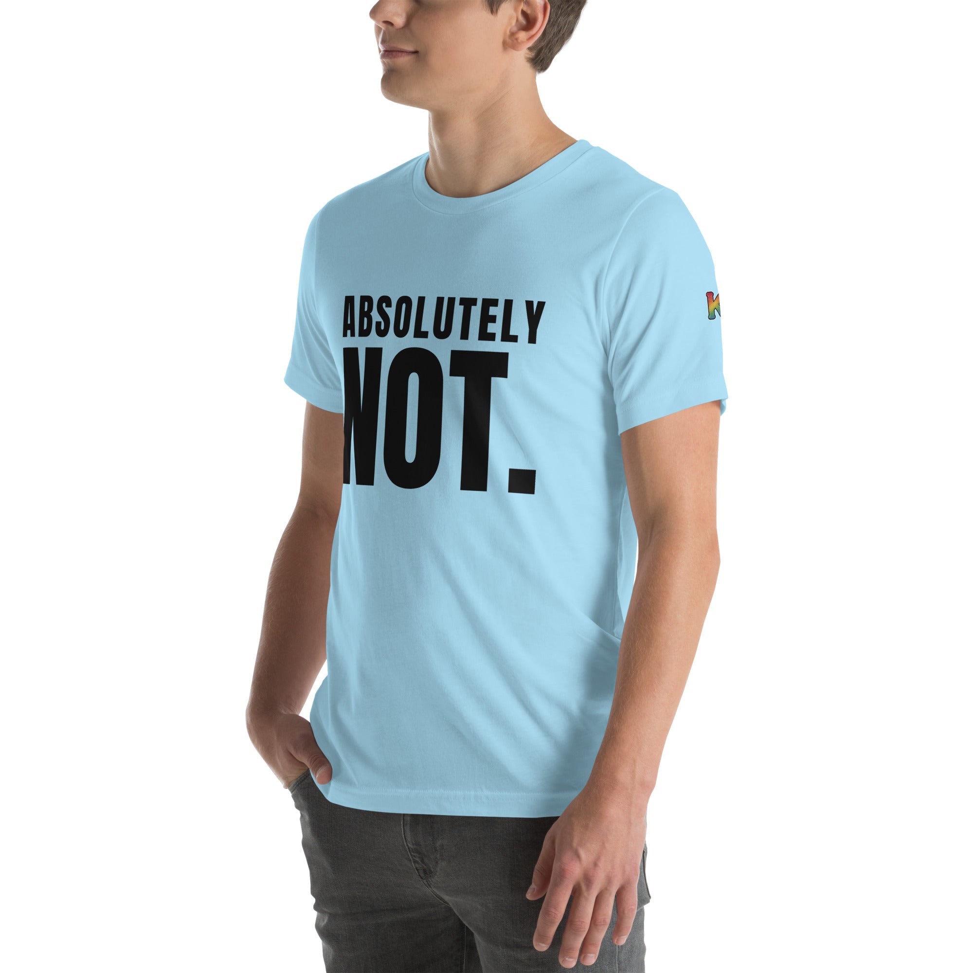 rainbow KWEEN K logo on left sleeve of ocean blue t-shirt — Absolutely Not., 3/4 front view