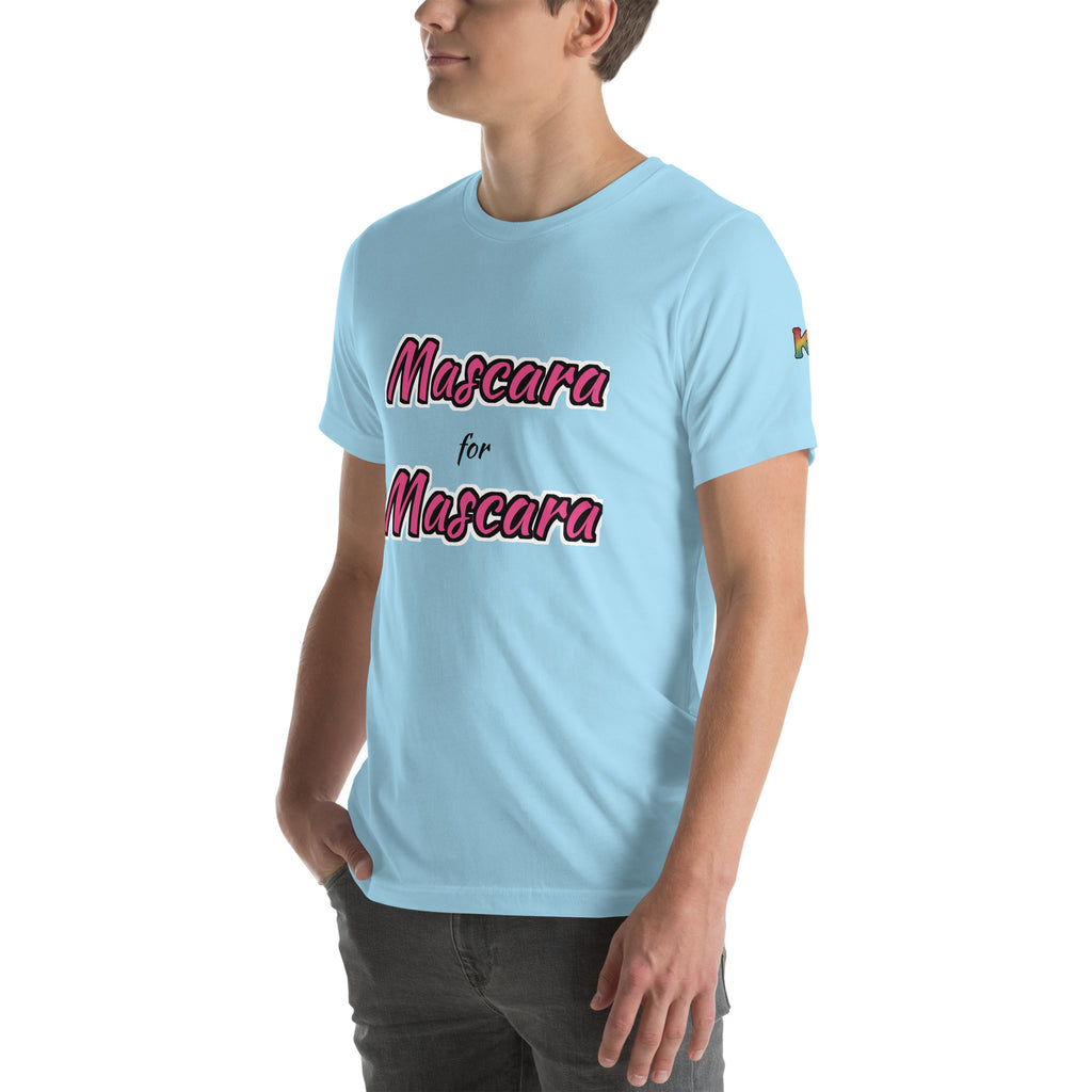 rainbow KWEEN K logo on left sleeve of ocean blue t-shirt — Mascara for Mascara, 3/4 front view