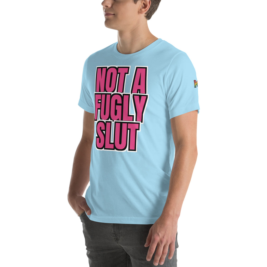 rainbow KWEEN K logo on left sleeve of ocean blue t-shirt — Not a Fugly Sl*t, 3/4 front view