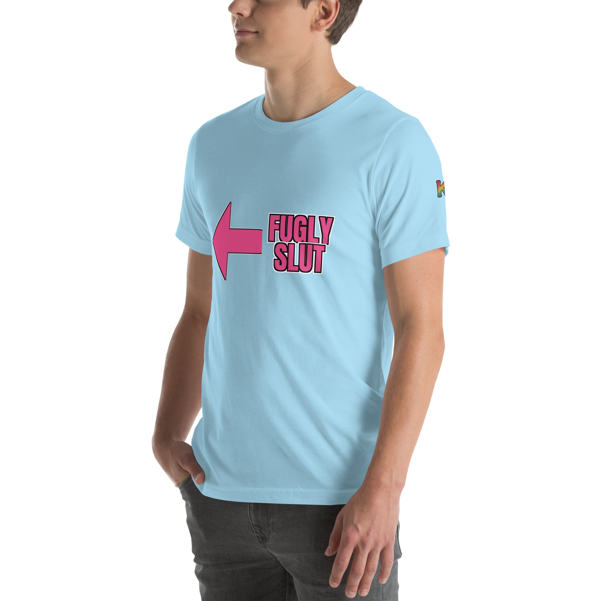 rainbow KWEEN K logo on left sleeve of ocean blue t-shirt — Fugly Sl*t Arrow Left, 3/4 front view