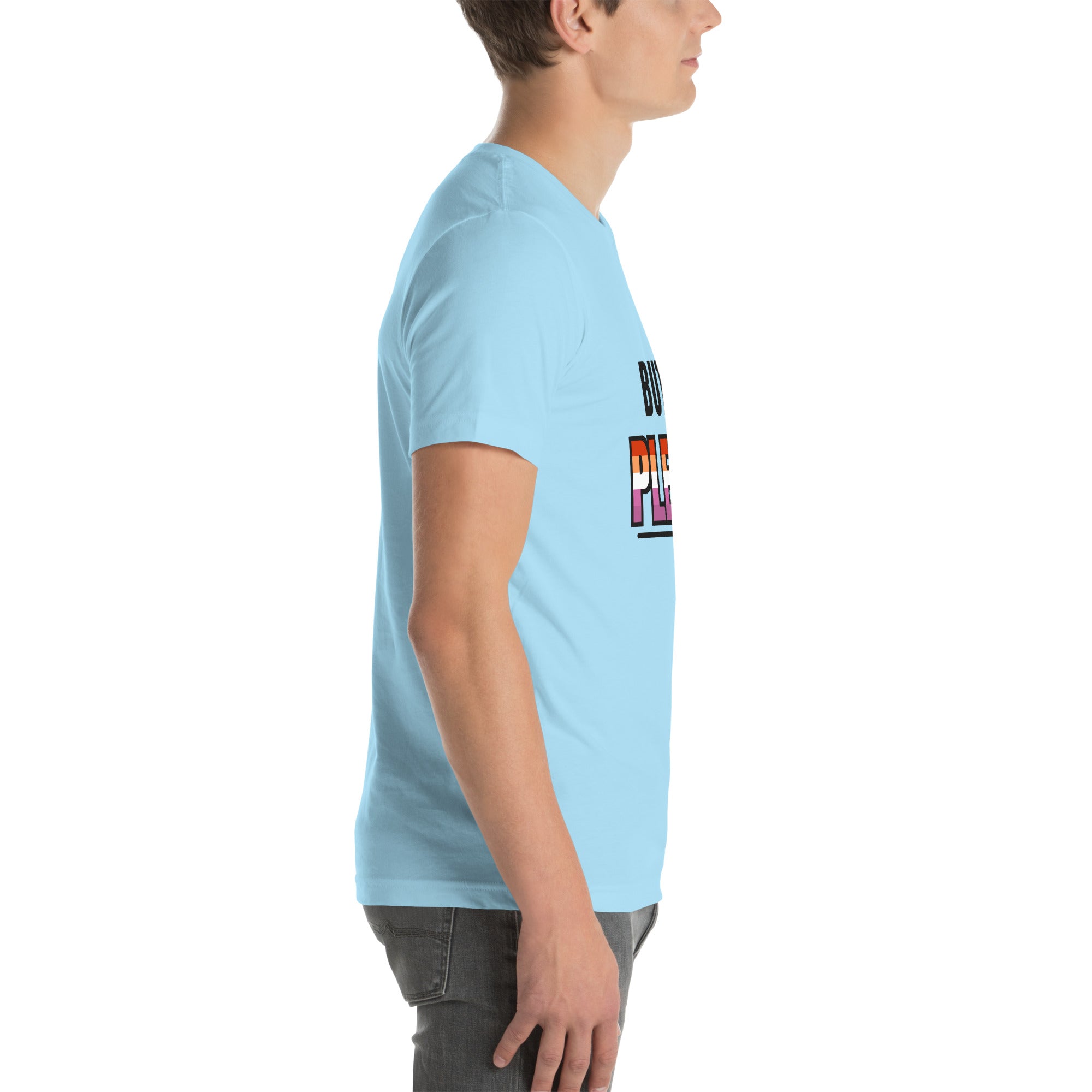 lesbian pride t-shirt — Butch, Please! print, ocean blue t-shirt right side view