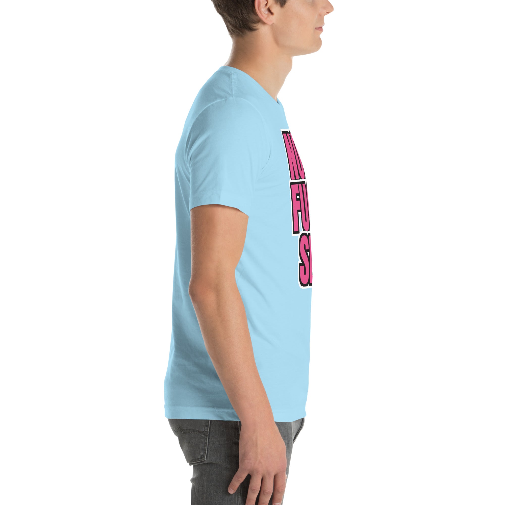 sassy pride t-shirt — Not a Fugly Sl*t print, ocean blue t-shirt right side view