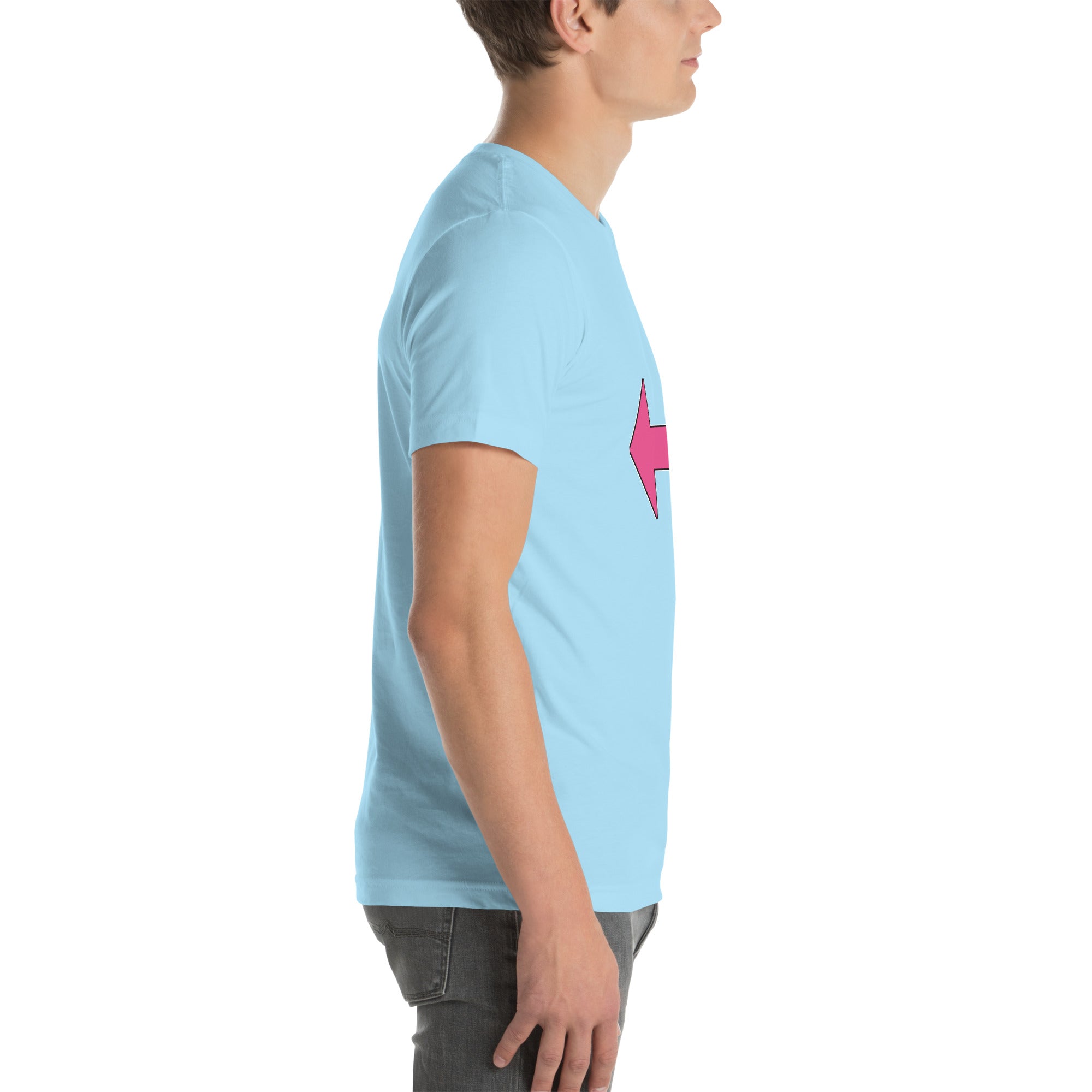 sassy pride t-shirt — Fugly Sl*t Arrow Left print, ocean blue t-shirt right side view