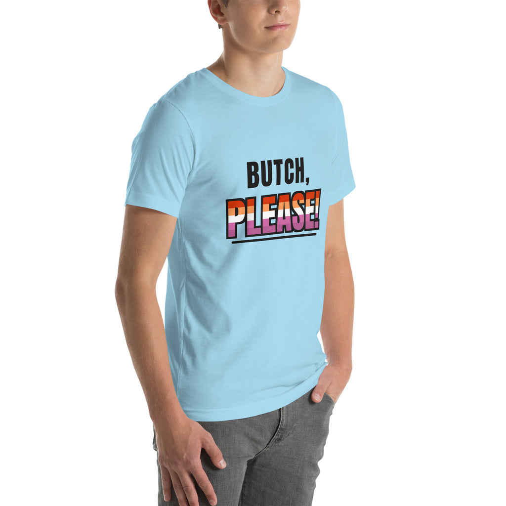 lesbian pride t-shirt — Butch, Please! print, ocean blue t-shirt right 3/4 view